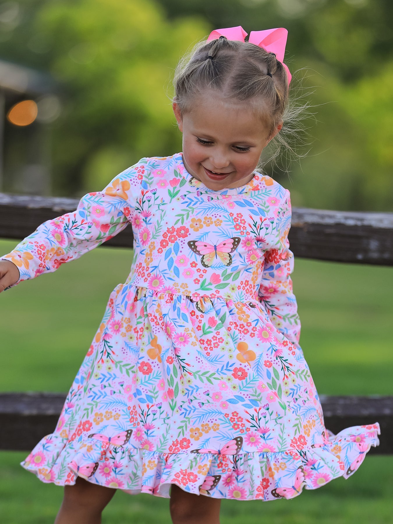 Fall Butterfly Floral Print Girls Ruffle Hem Twirl Dress