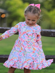 Fall Butterfly Floral Print Girls Ruffle Hem Twirl Dress