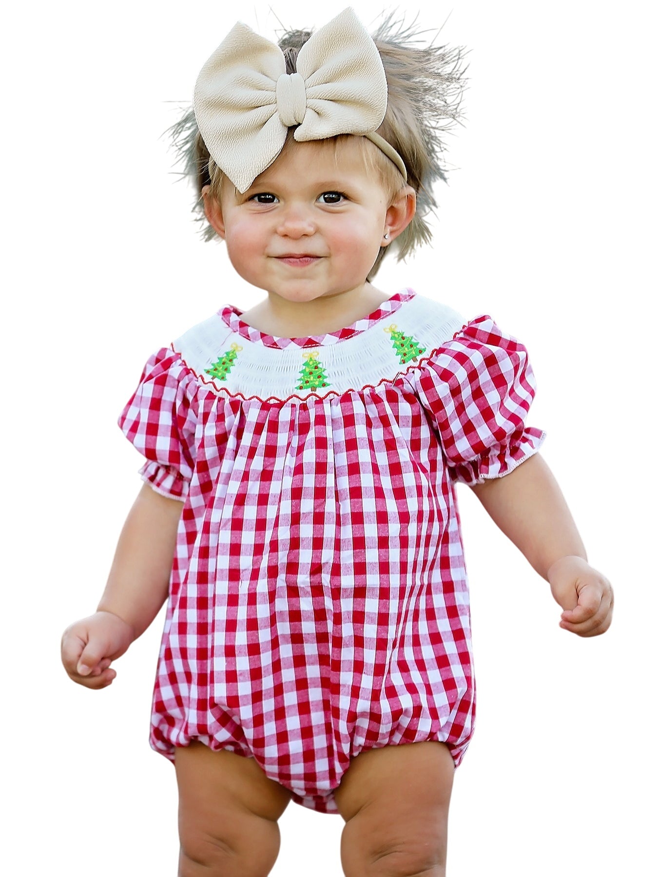 Christmas Tree Smocking Embroidered Girls Romper