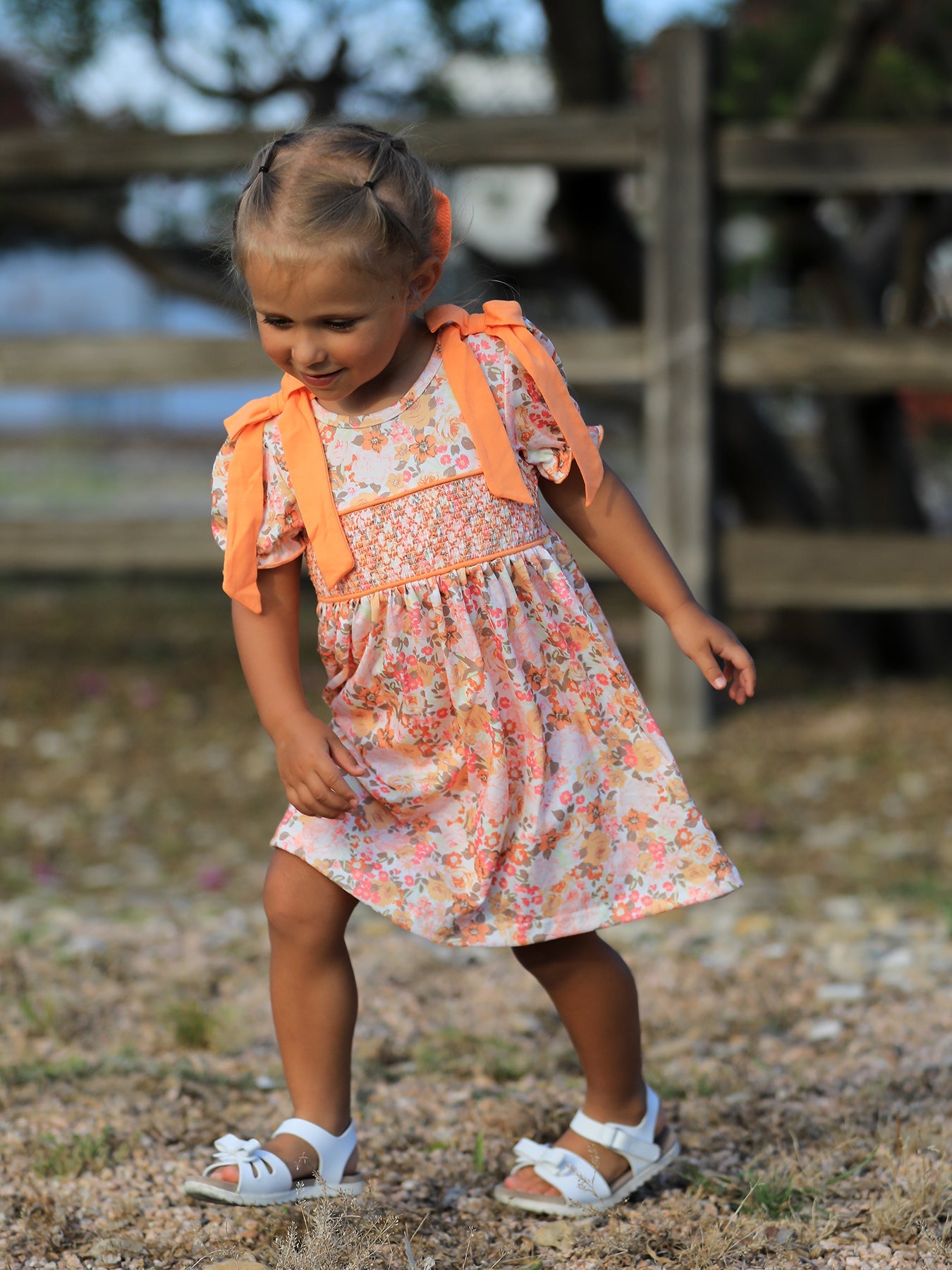 Peach Bow Smocked Floral Girl Dress