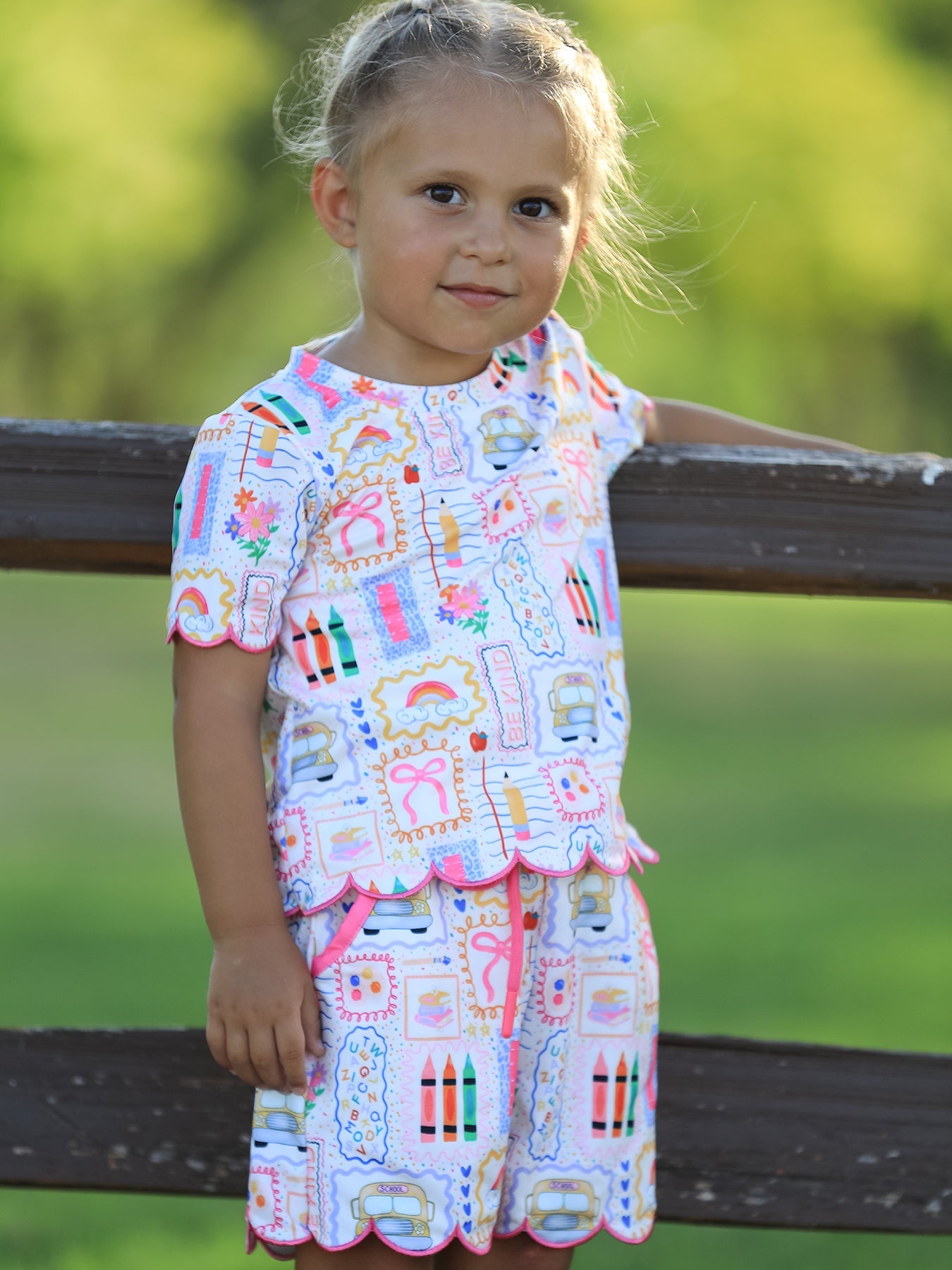 Preorder Back To School Print Girl Short Set Scallop Hem
