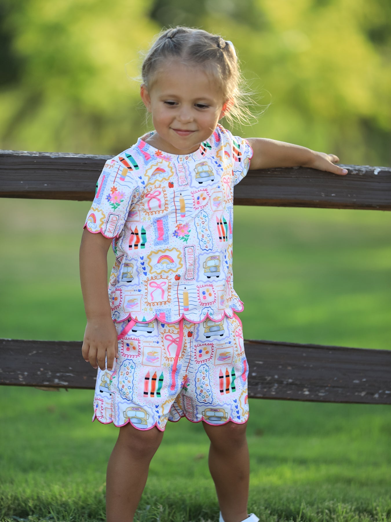 Preorder Back To School Print Girl Short Set Scallop Hem