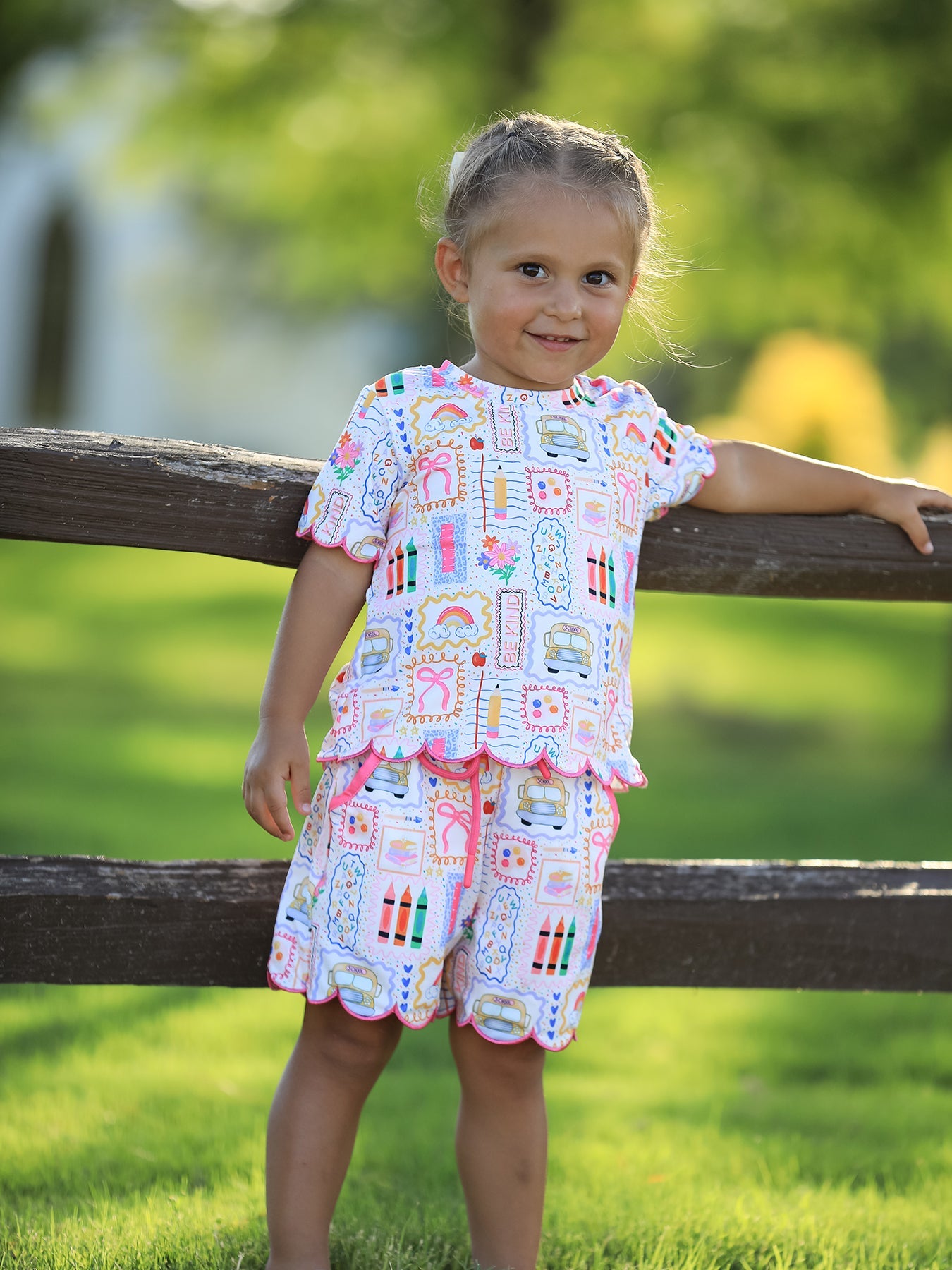Preorder Back To School Print Girl Short Set Scallop Hem