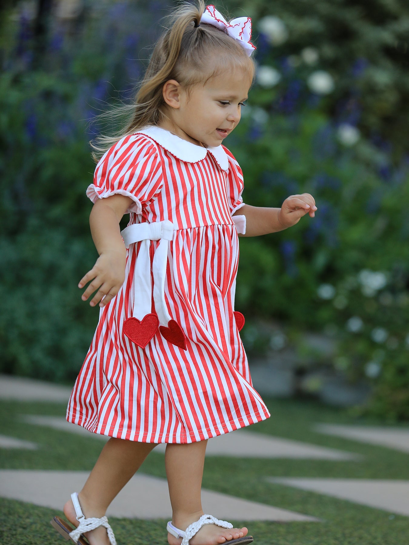 Valentine's Red Stripe Heart Dress For Toddler Girls
