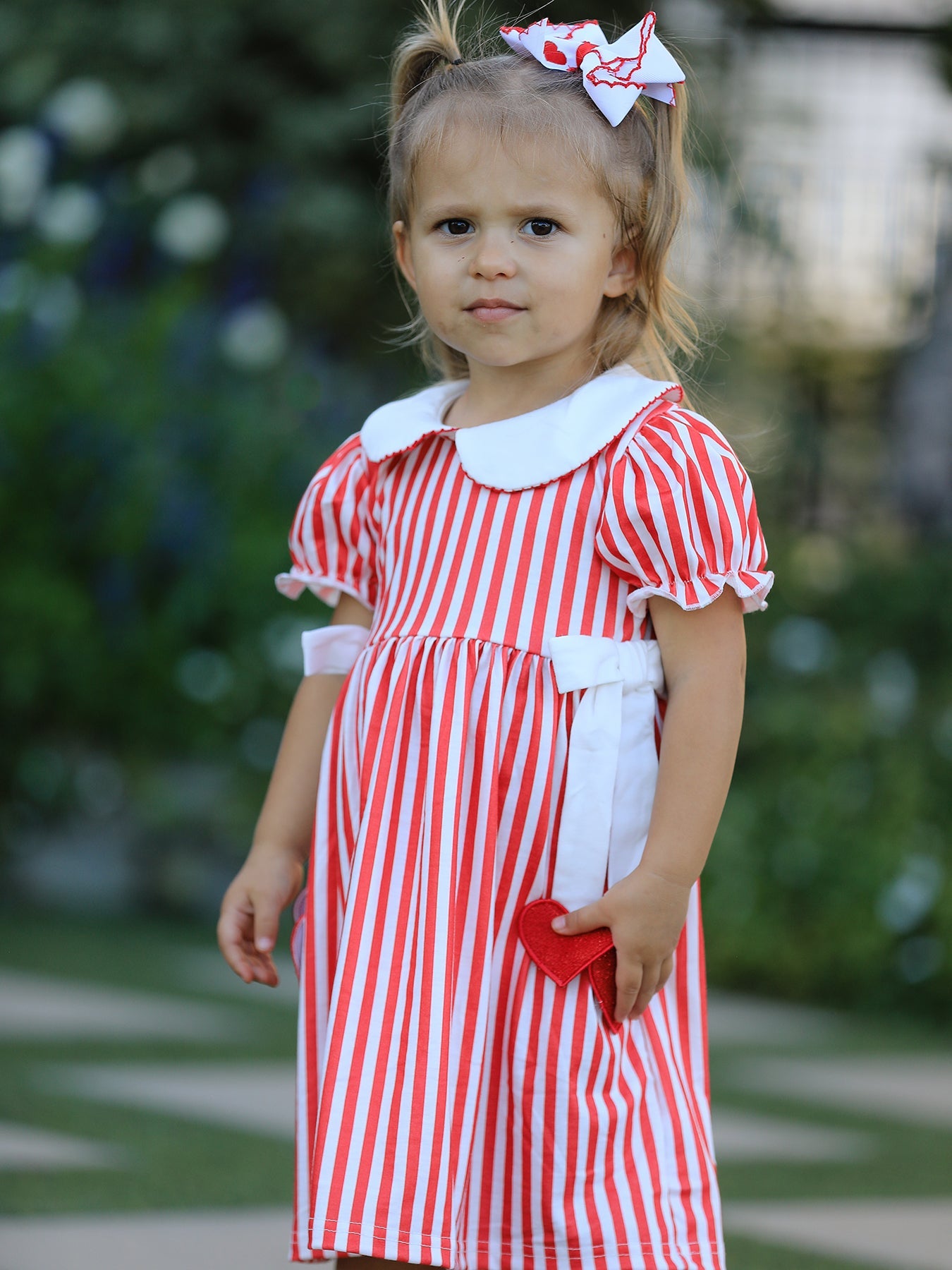Valentine's Red Stripe Heart Dress For Toddler Girls