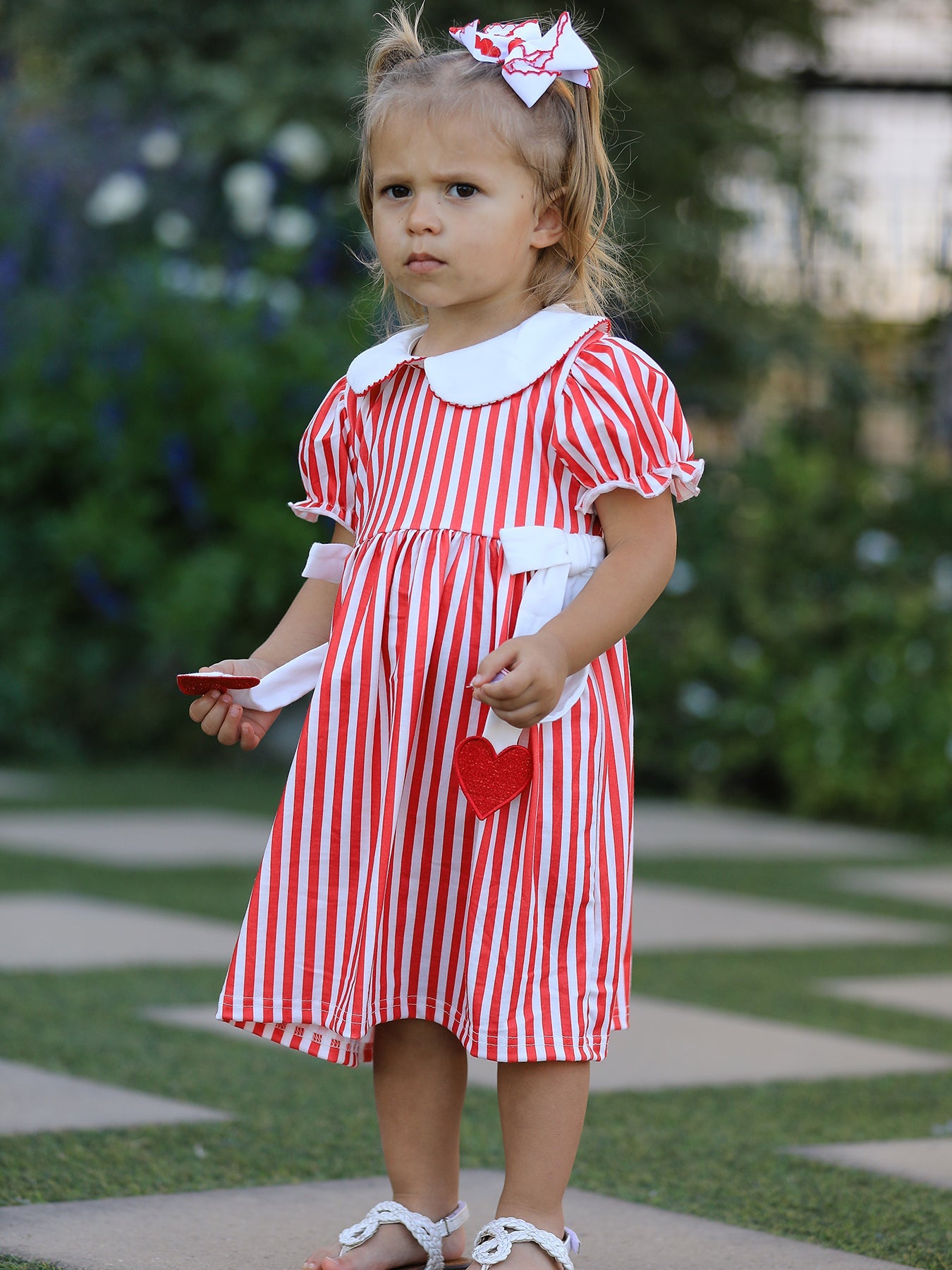 Valentine's Red Stripe Heart Dress For Toddler Girls