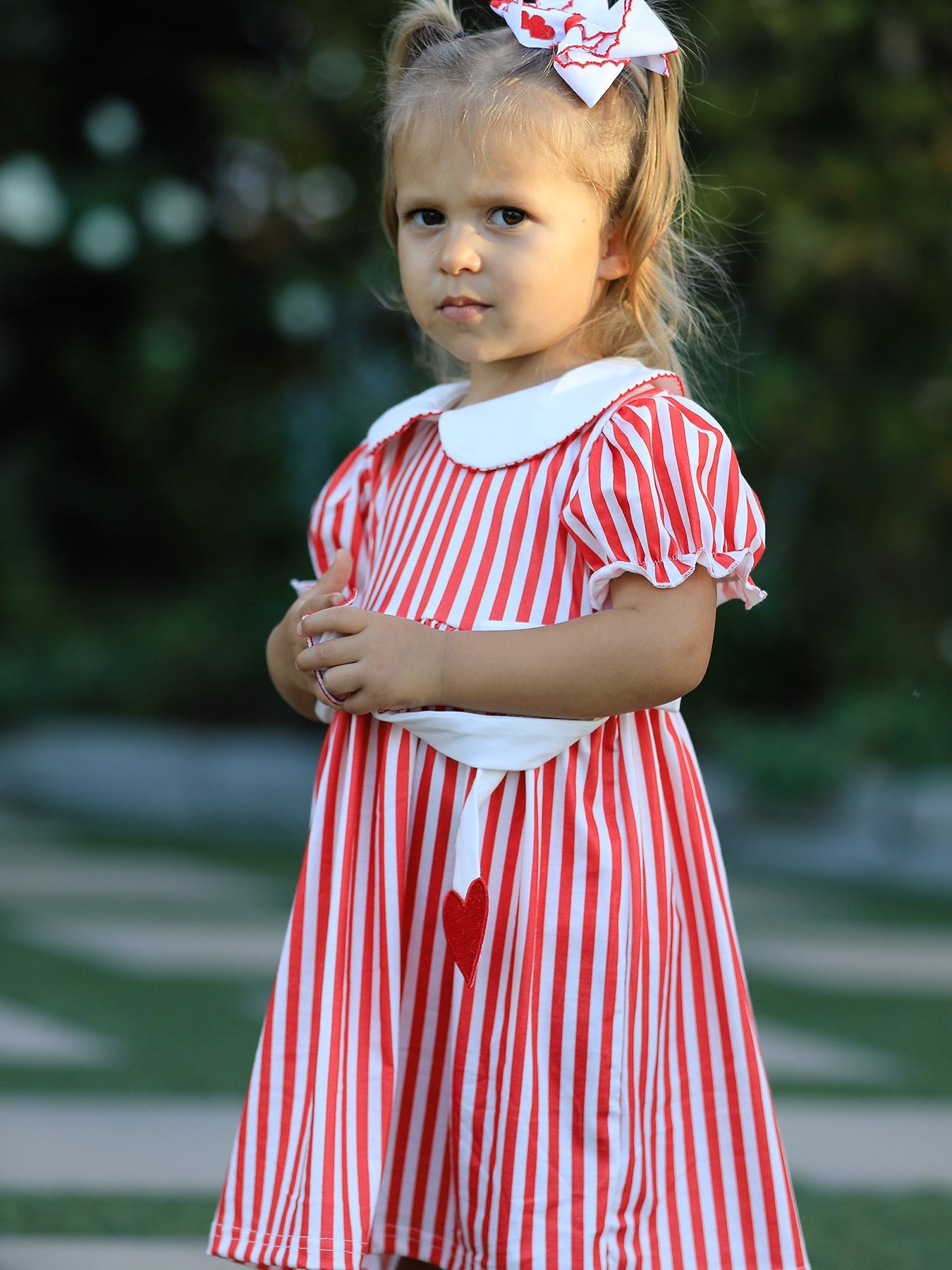 Valentine's Red Stripe Heart Dress For Toddler Girls