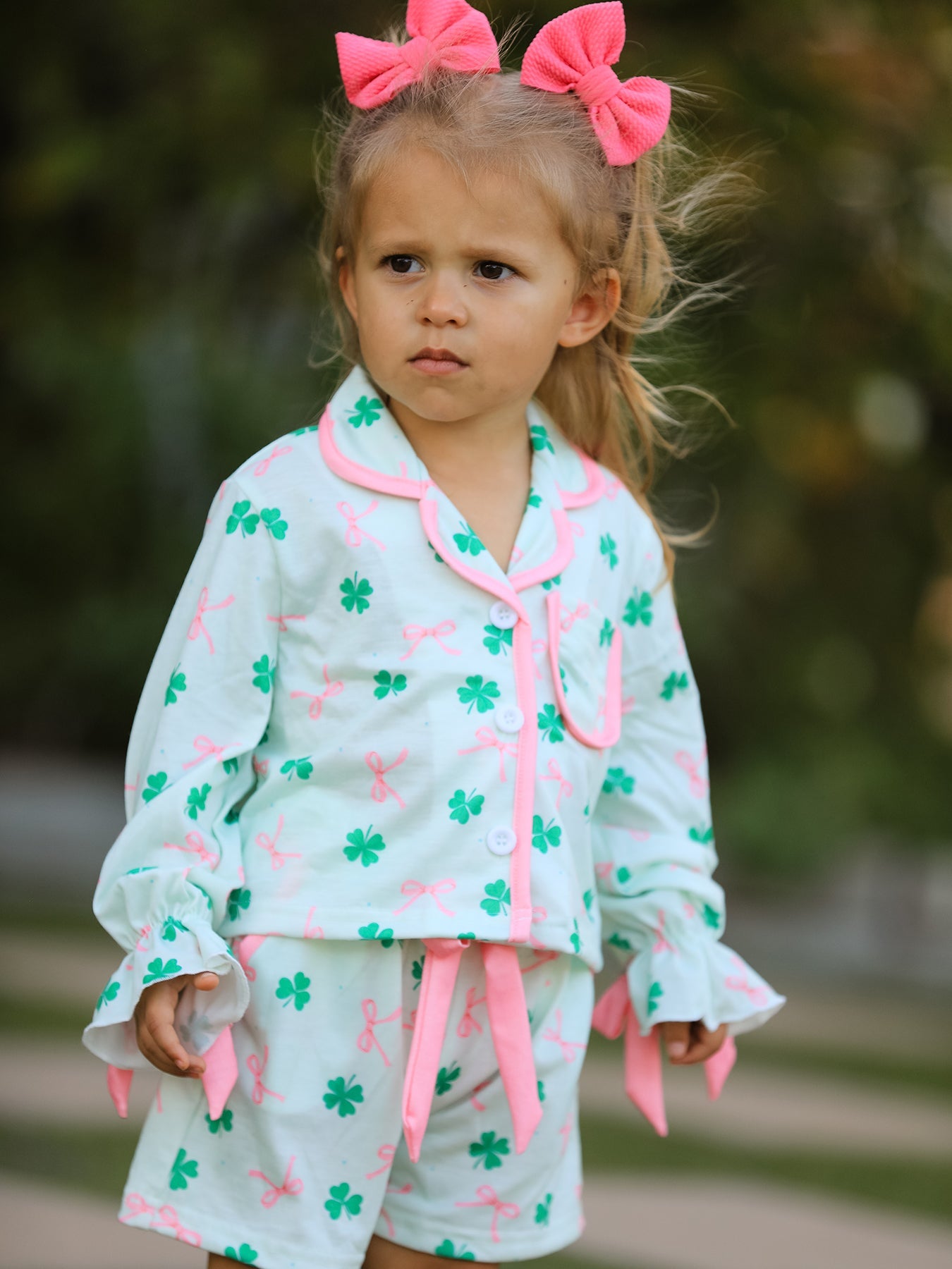 St. Patrick's Day Bow Shamrock Print Ruffles Girls Pajama Set