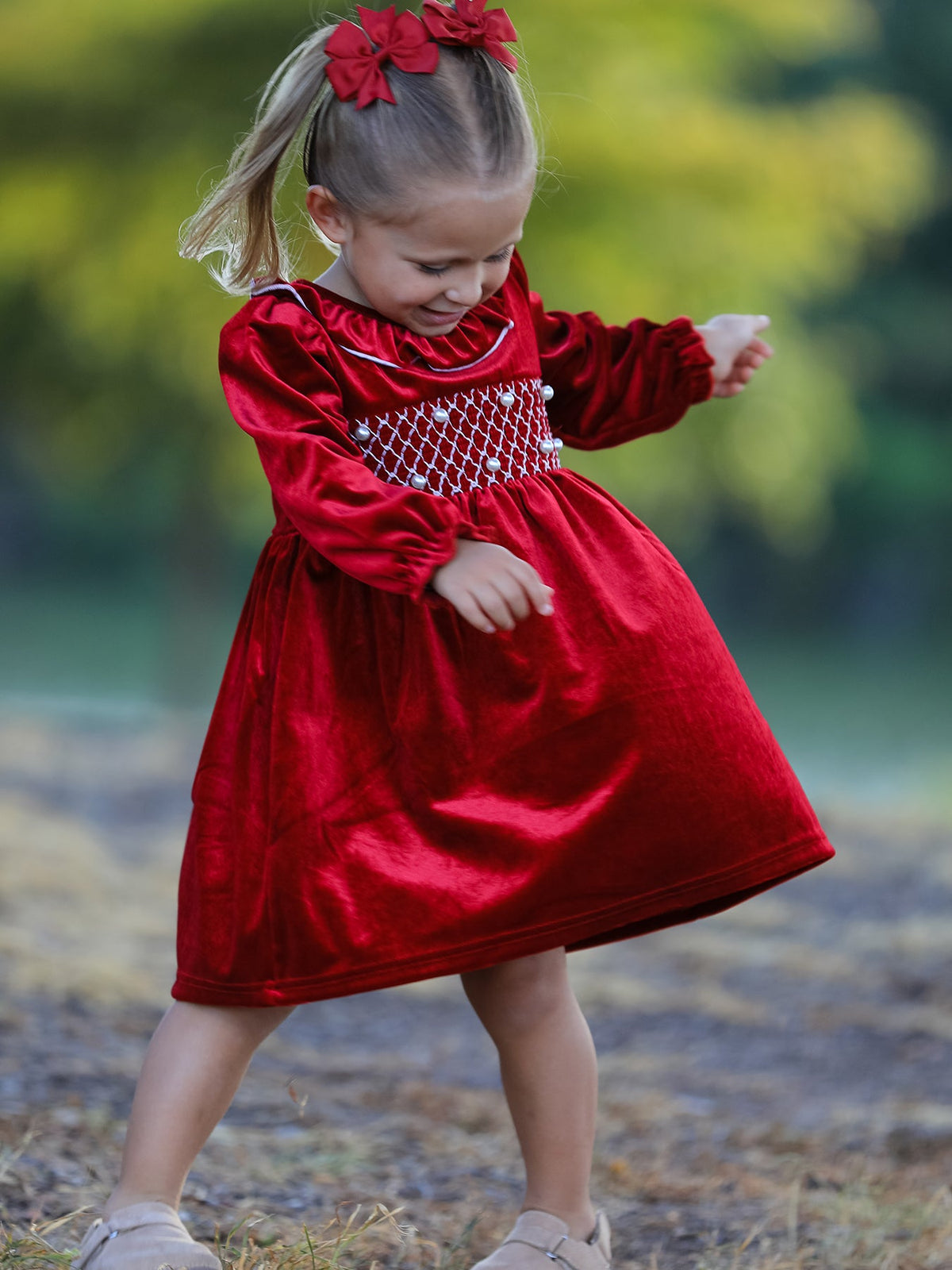 Christmas Velvet Smocked Girls Dress With Pearl Detail