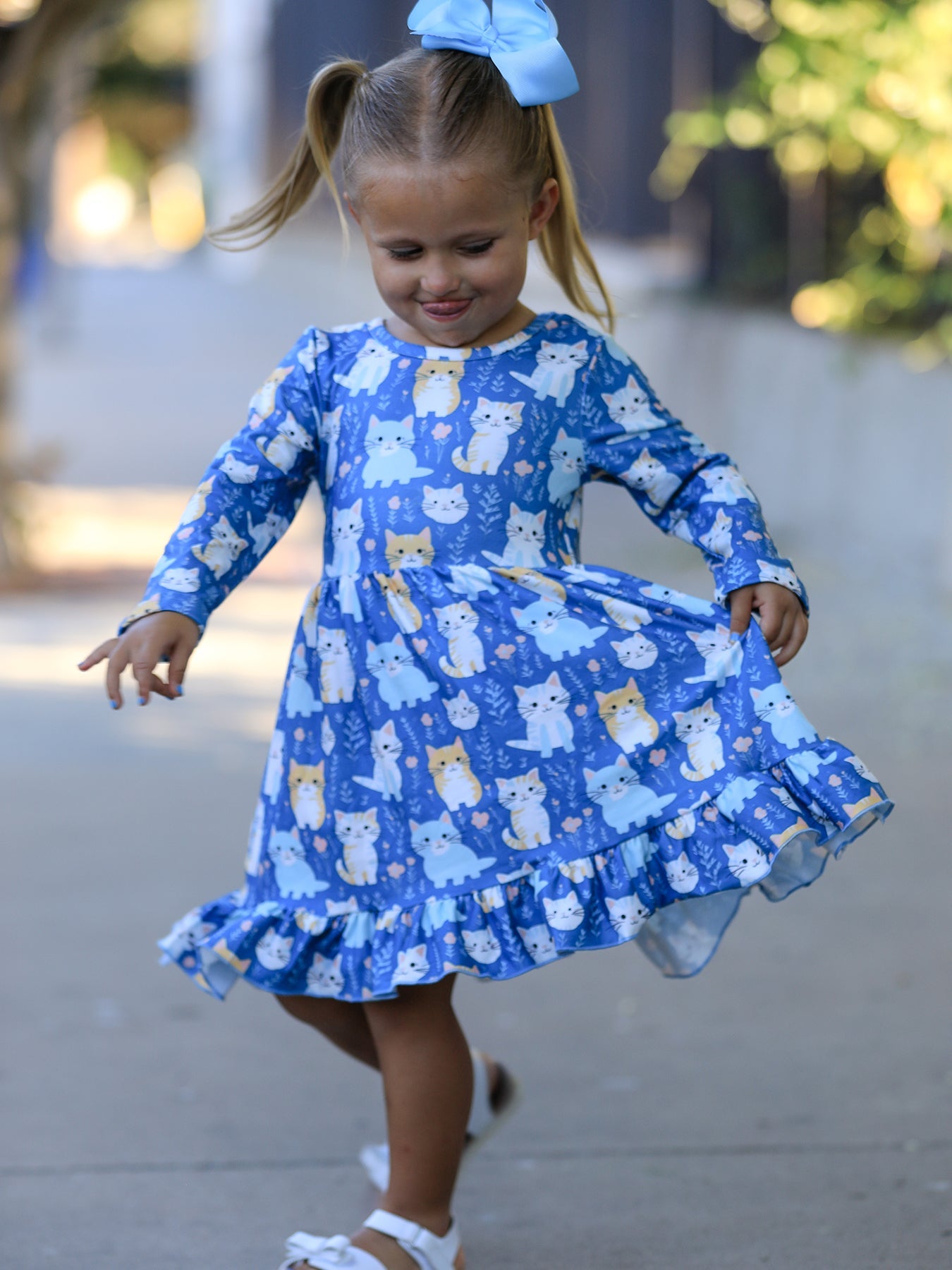 Fall Cat Print Girls Long Sleeve Ruffle Hem Dress