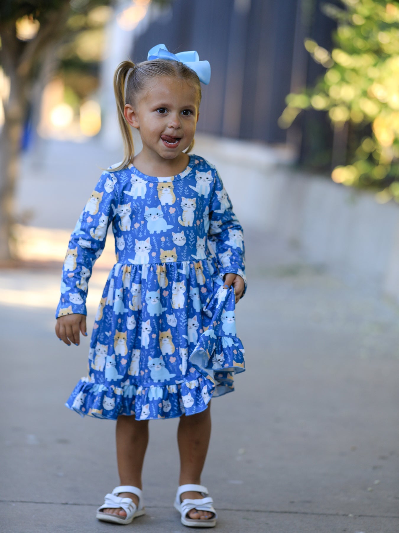 Fall Cat Print Girls Long Sleeve Ruffle Hem Dress