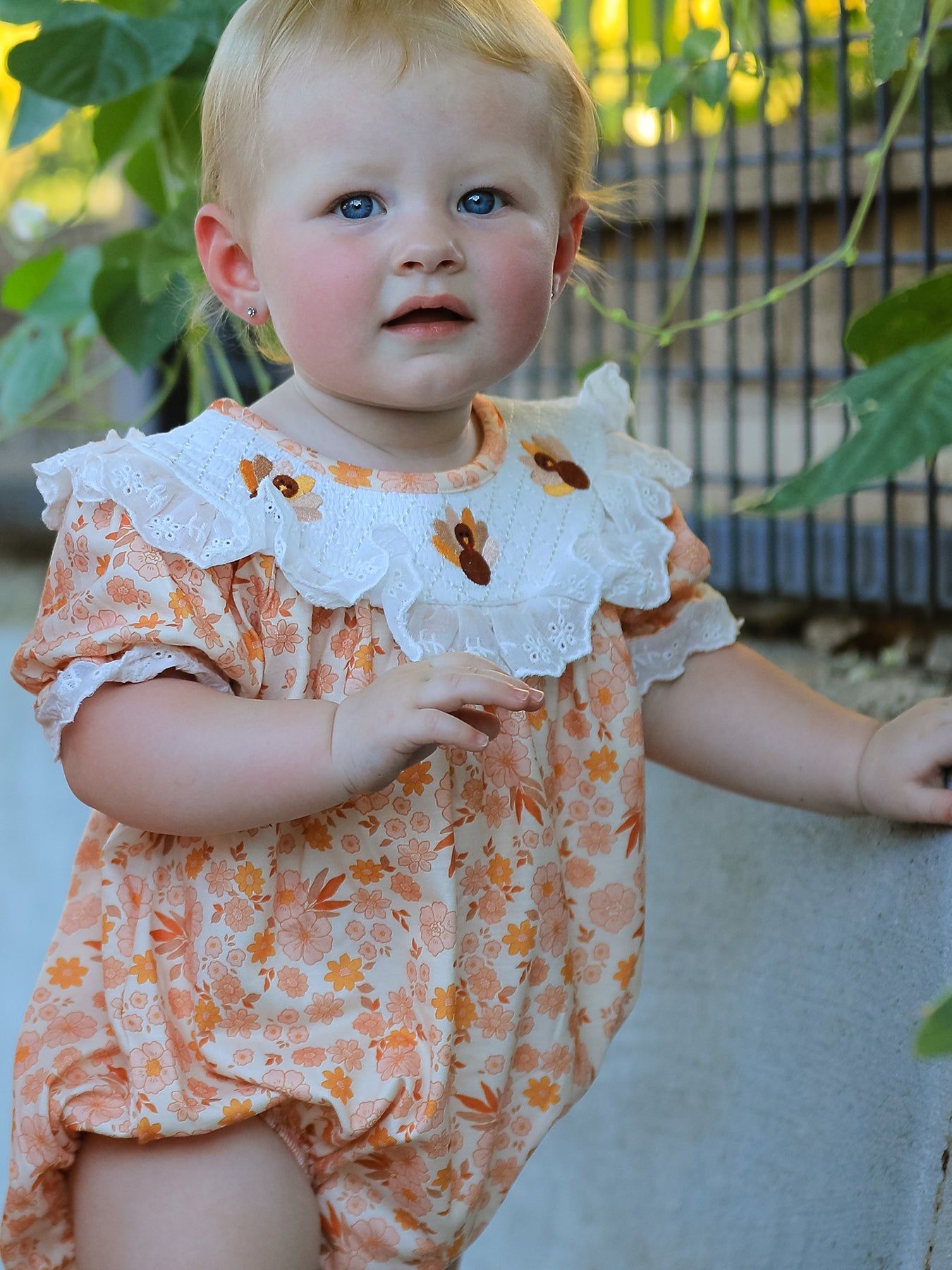 Thanksgiving Turkey Floral Lace Bubble Girls Romper