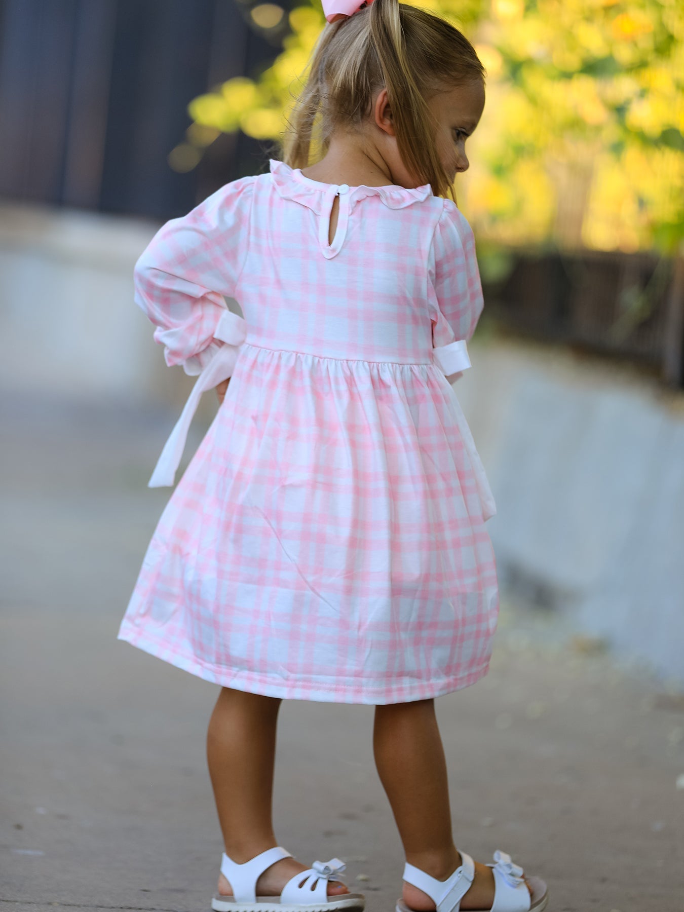 Pink Plaid Ruffle Ballet Shoe Embroidery Long Sleeve Dress