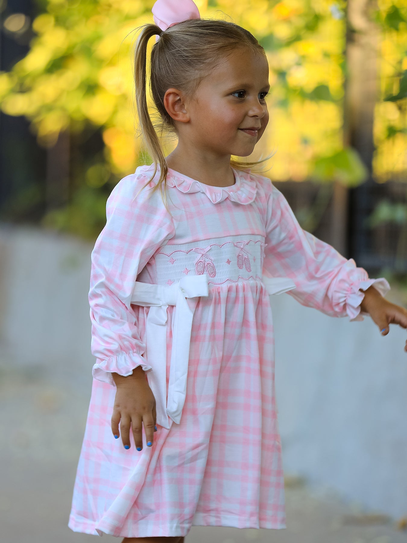 Pink Plaid Ruffle Ballet Shoe Embroidery Long Sleeve Dress
