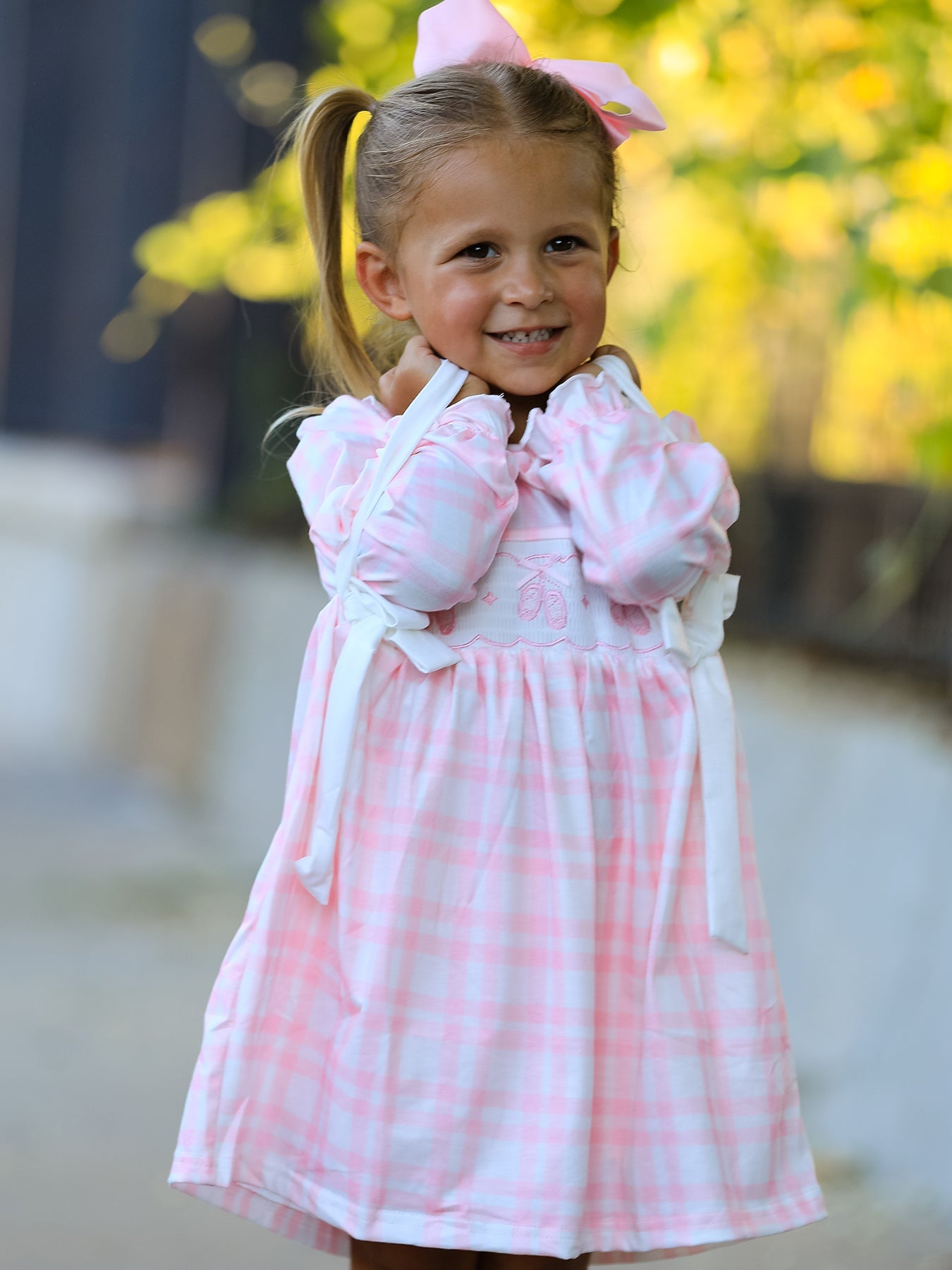 Pink Plaid Ruffle Ballet Shoe Embroidery Long Sleeve Dress