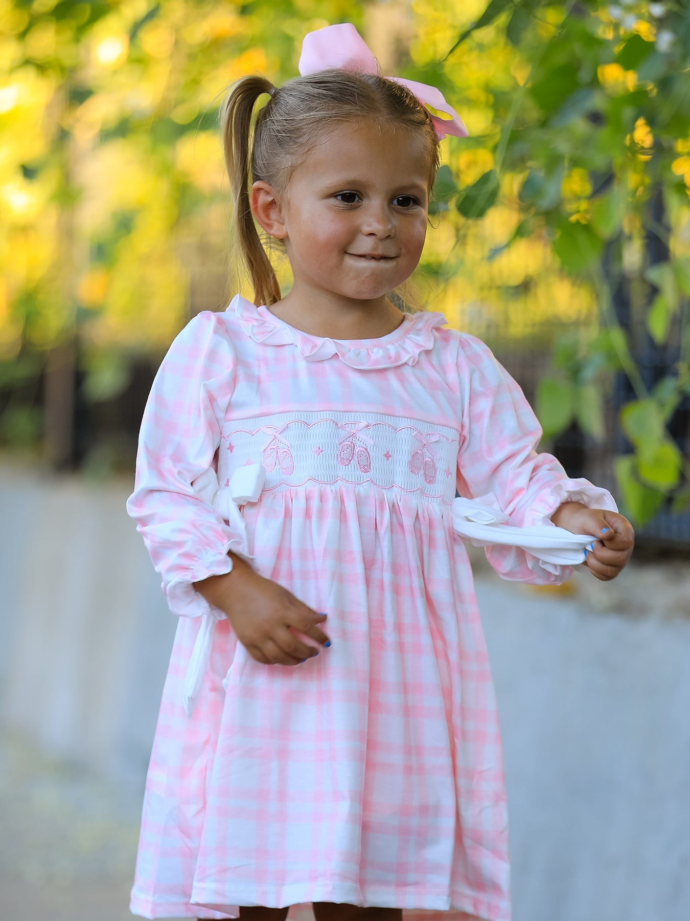 Pink Plaid Ruffle Ballet Shoe Embroidery Long Sleeve Dress