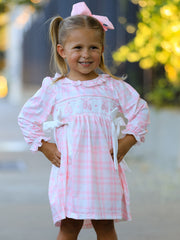 Pink Plaid Ruffle Ballet Shoe Embroidery Long Sleeve Dress