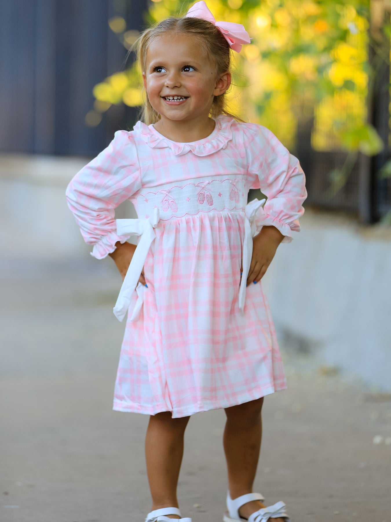 Pink Plaid Ruffle Ballet Shoe Embroidery Long Sleeve Dress