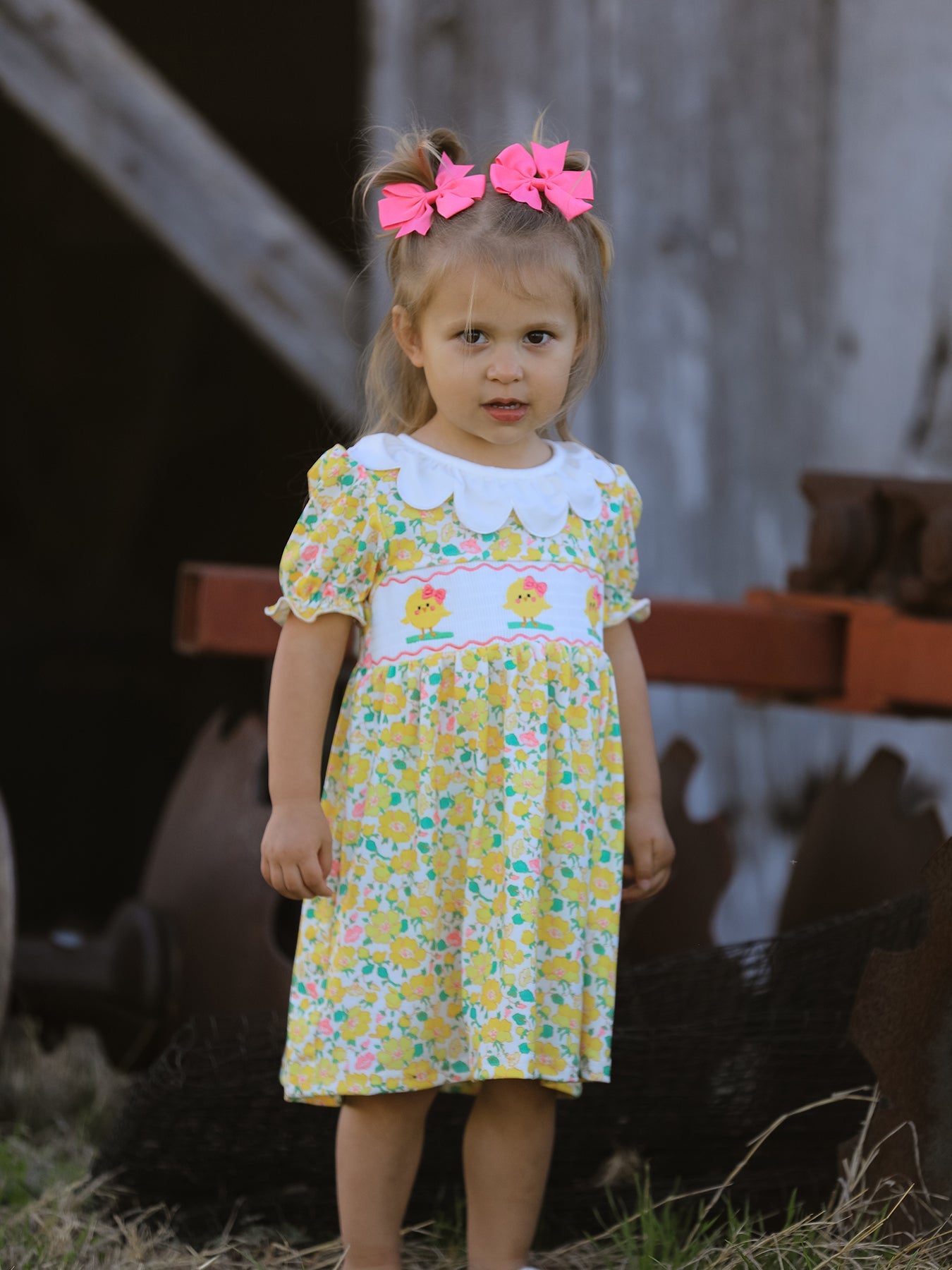 Easter Yellow Chick Embroidery Floral Girl Dress