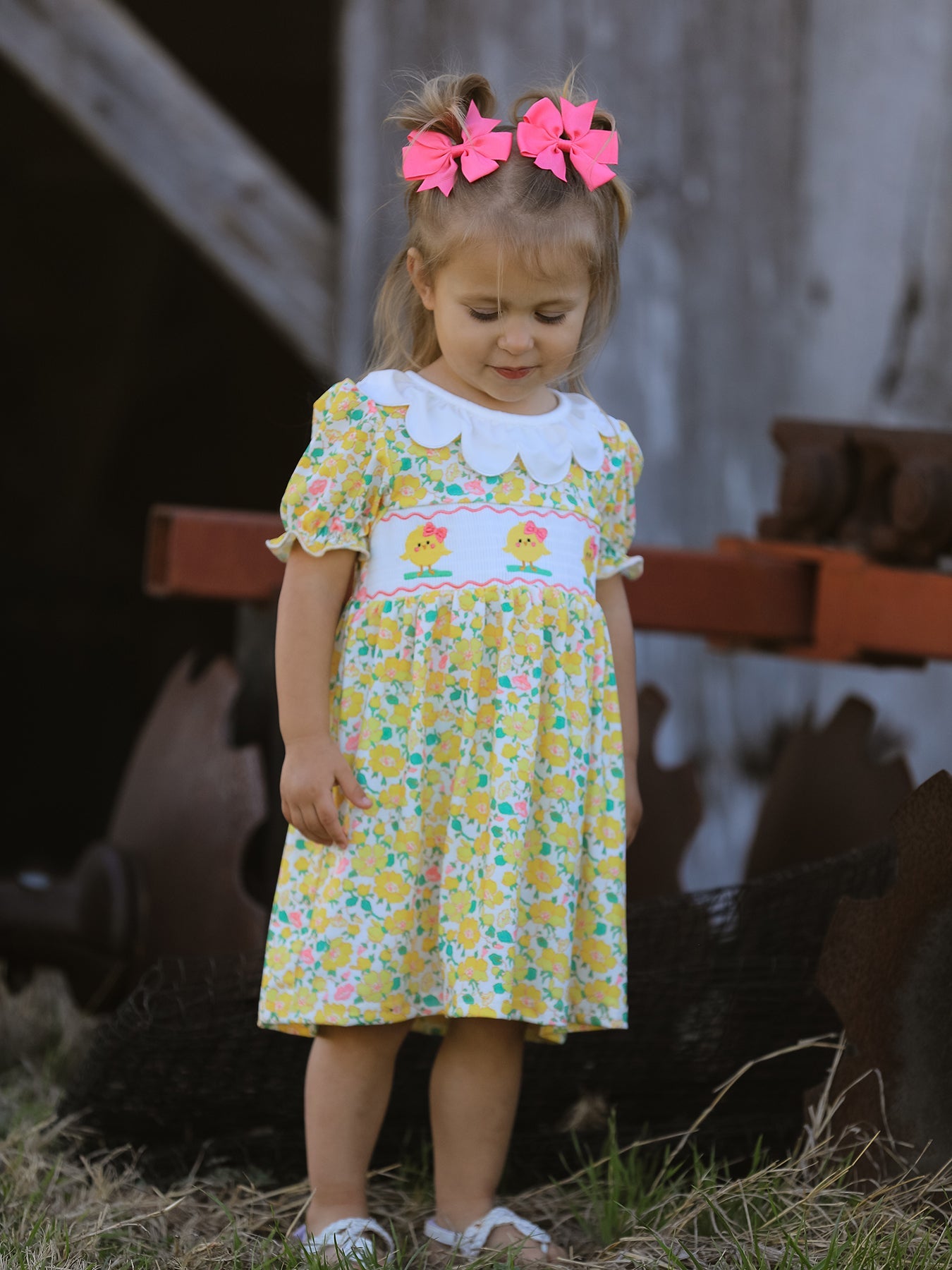 Easter Yellow Chick Embroidery Floral Girl Dress