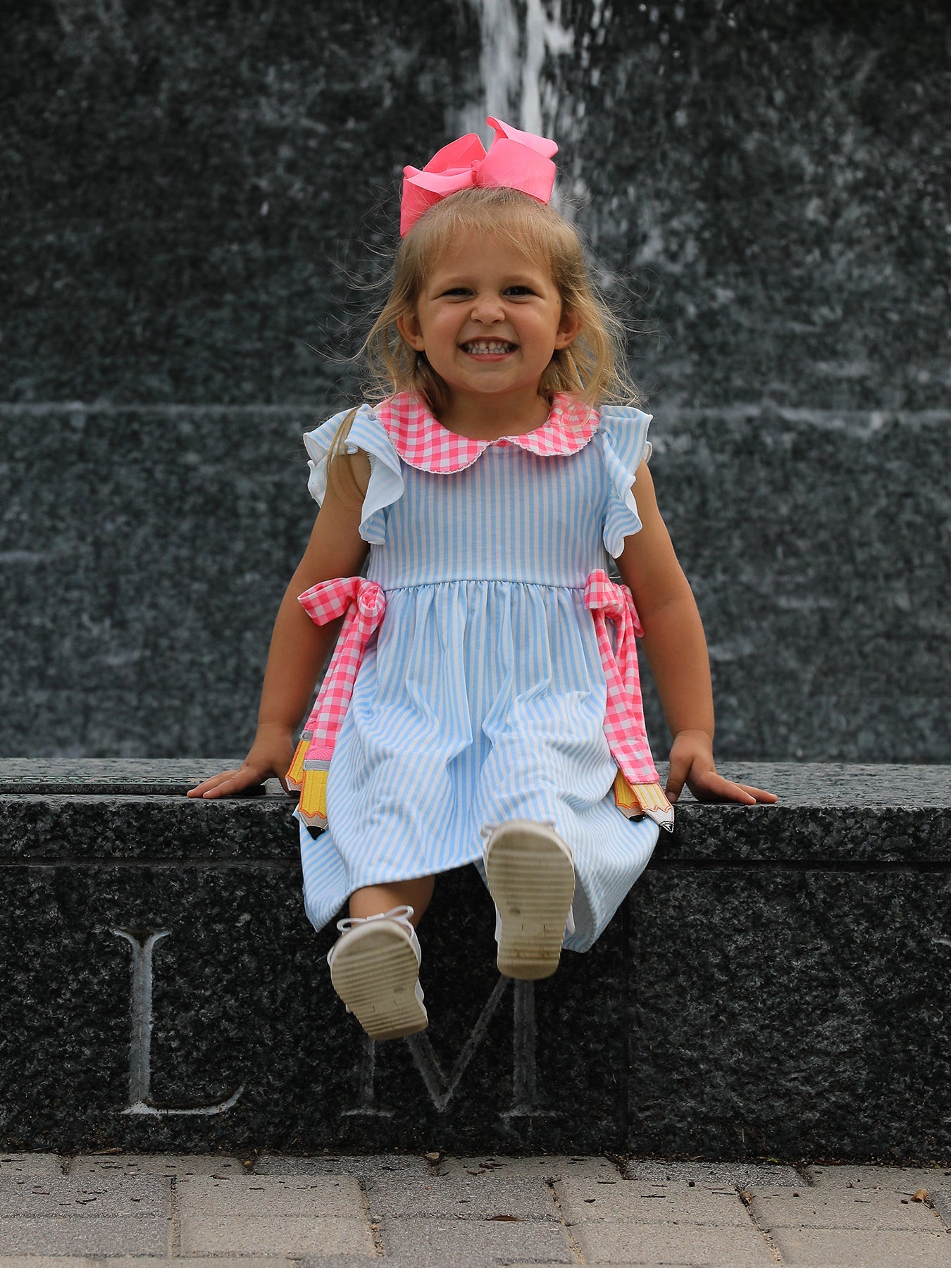 Back To School Girls Striped Lapels Bow Dress