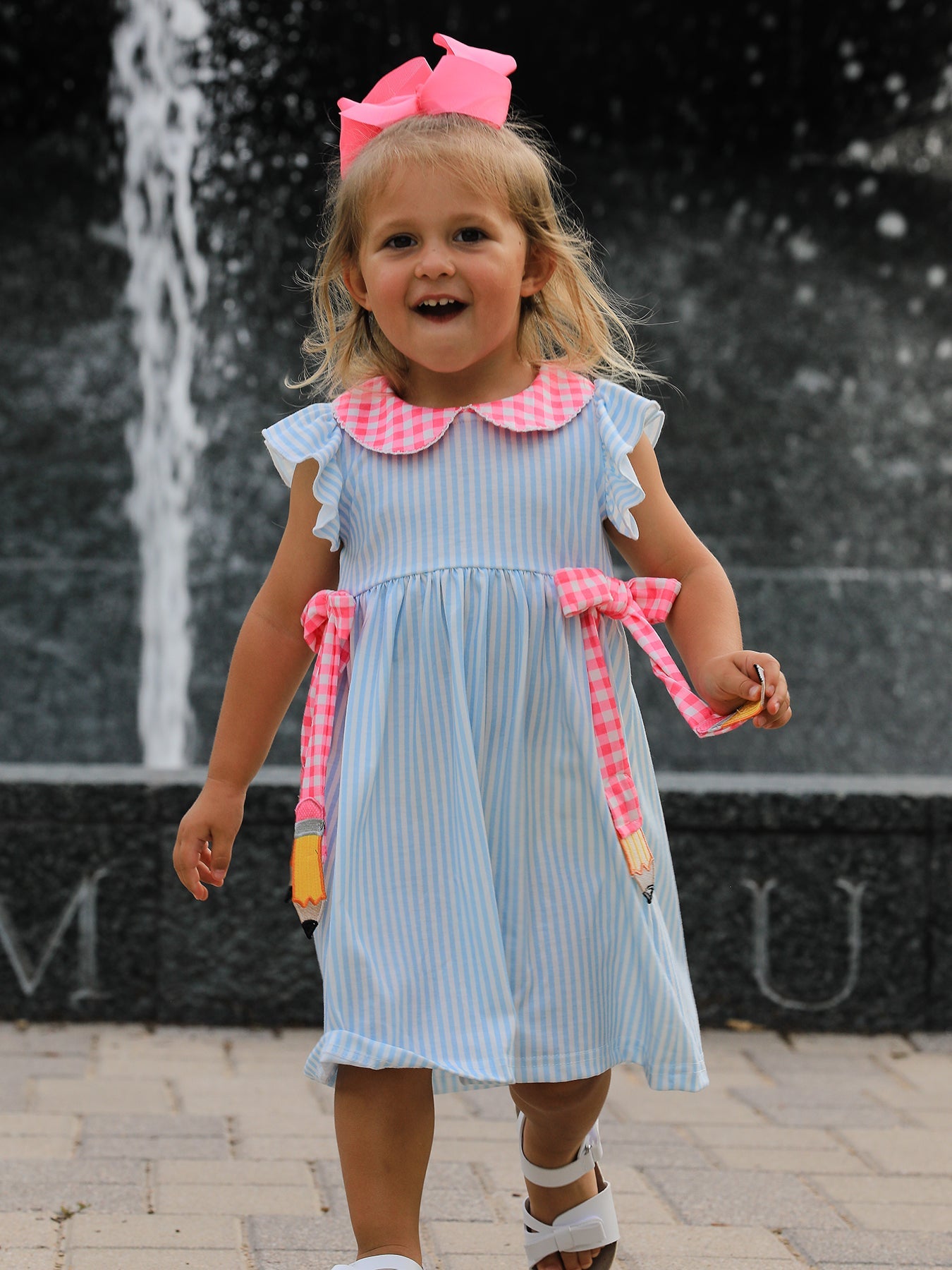 Back To School Girls Striped Lapels Bow Dress