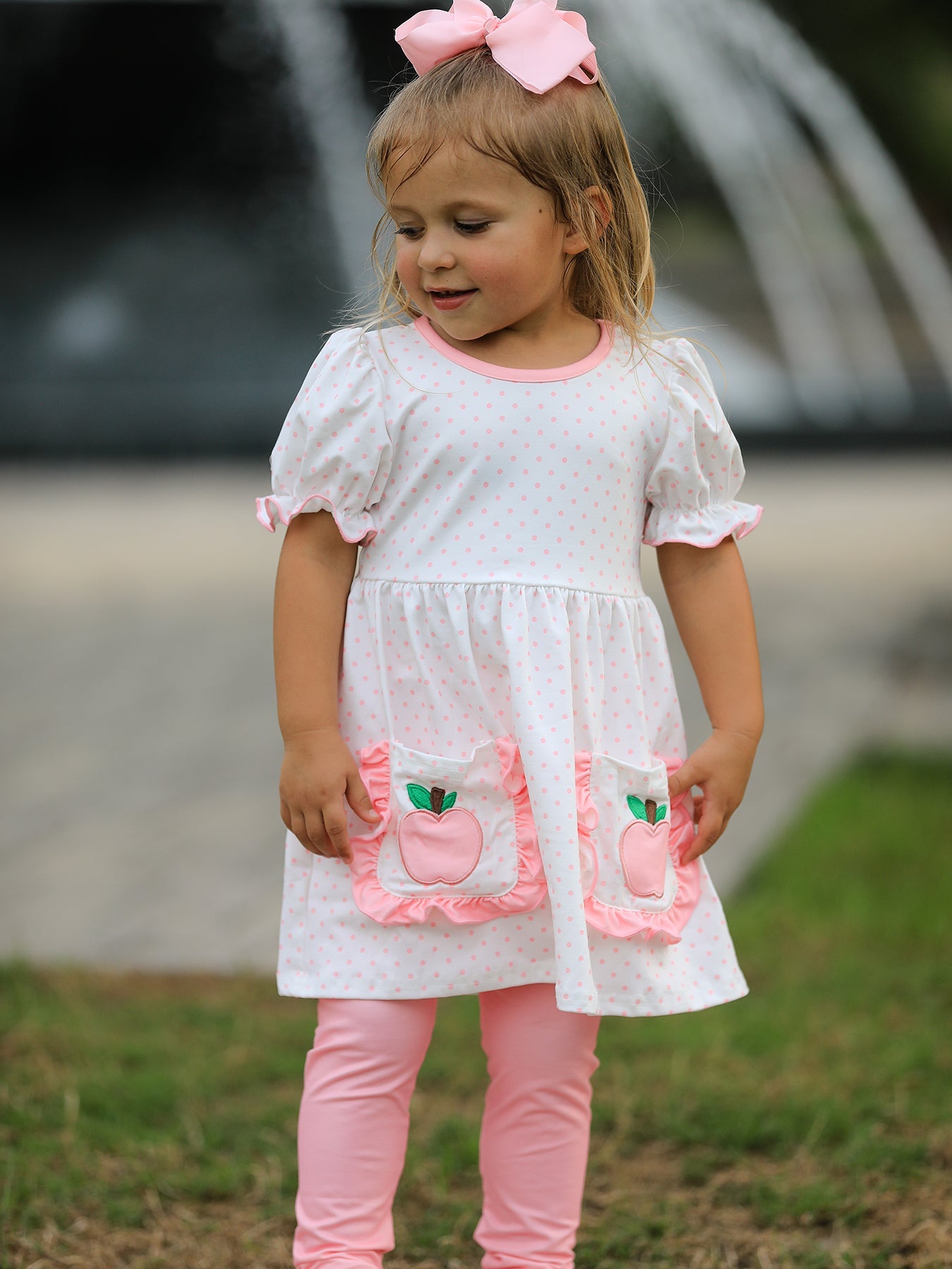 Back To School Girls' Apple Applique Set With Pockets