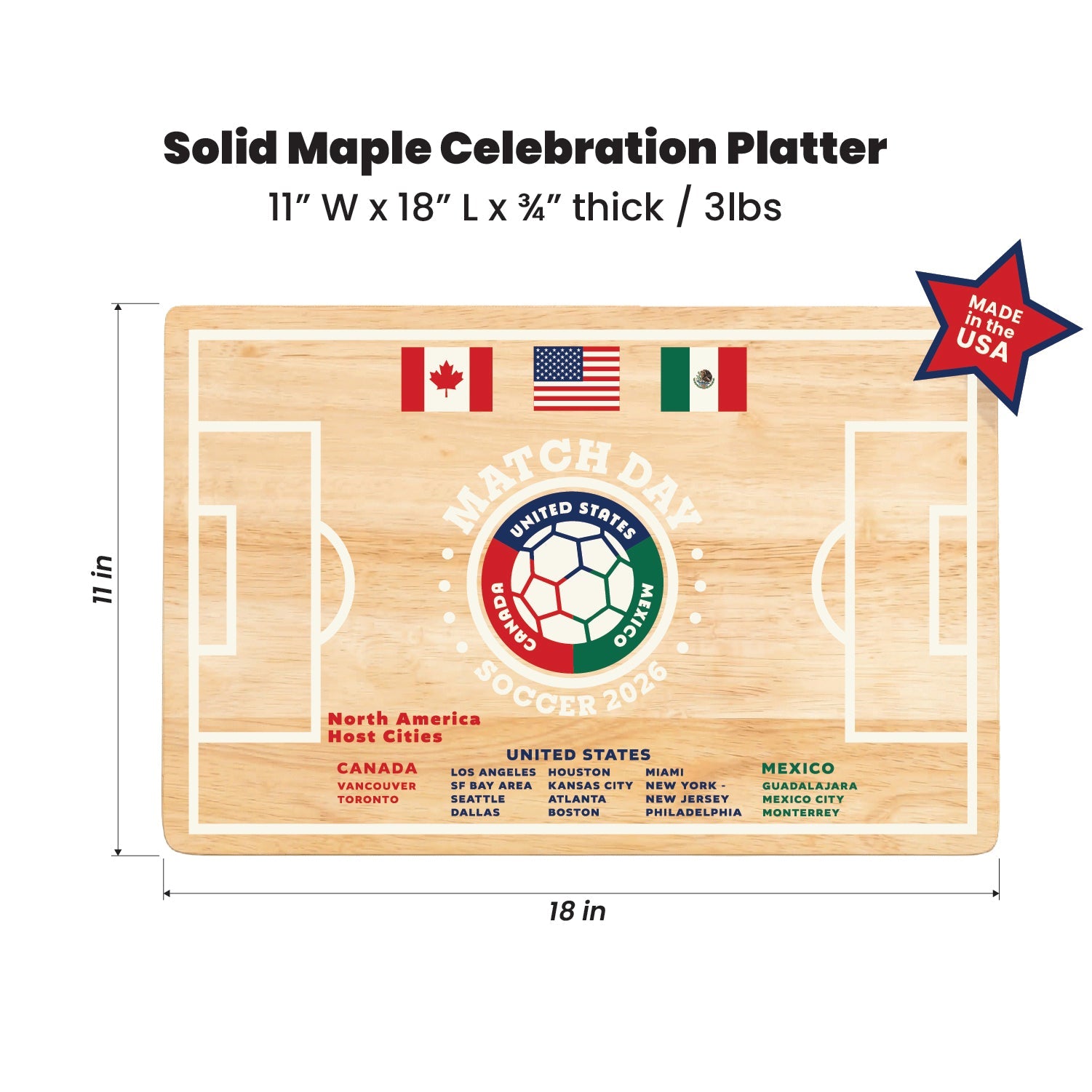 Soccer Pitch Serving Board | Maple Wood Charcuterie Platter, Watch Party Tray, Usa Made