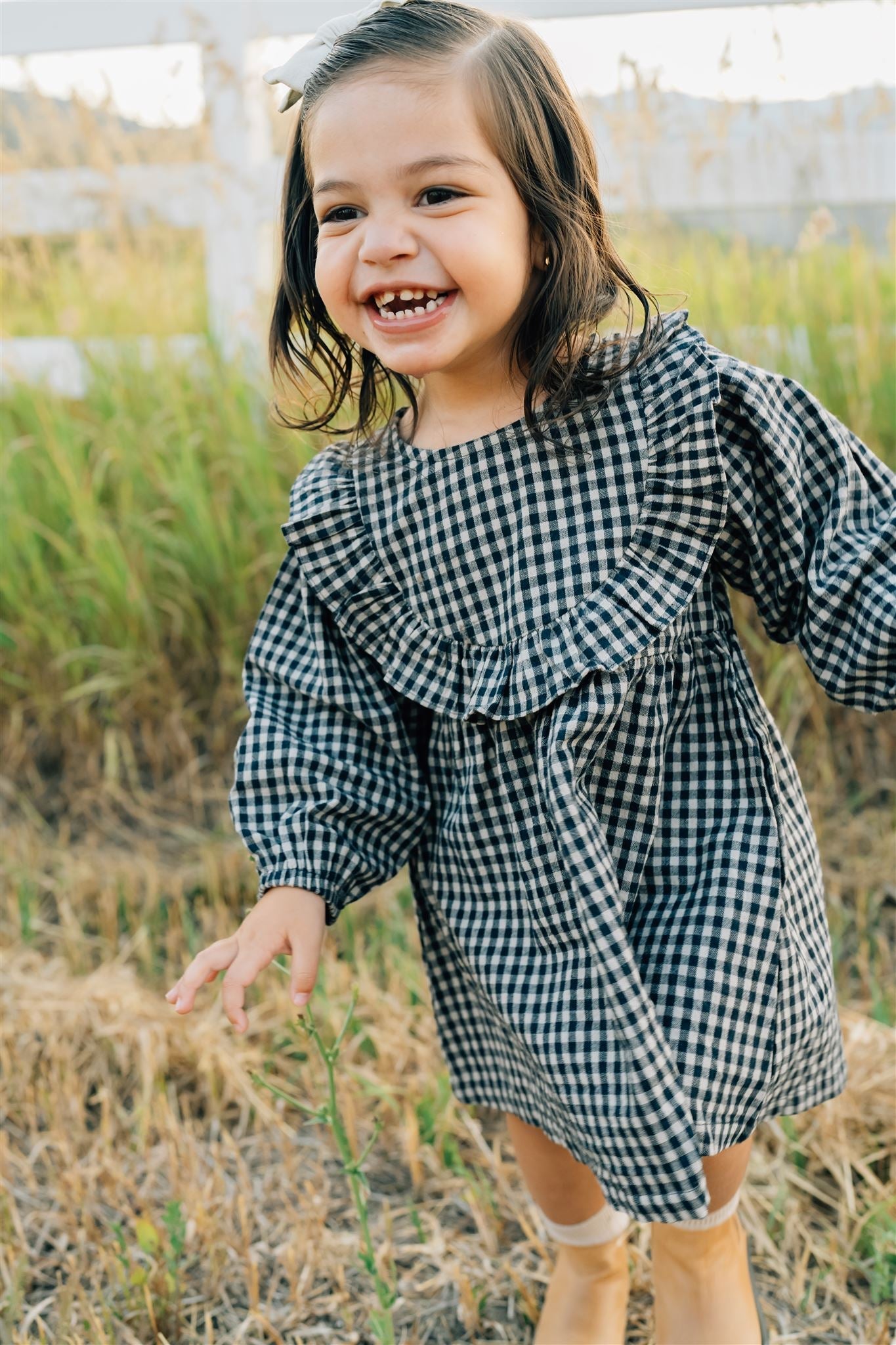 Gingham Long Sleeve Ruffle Linen Dress