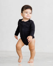 Long Sleeve Zipper Bodysuit In Eclipse, 6-9m