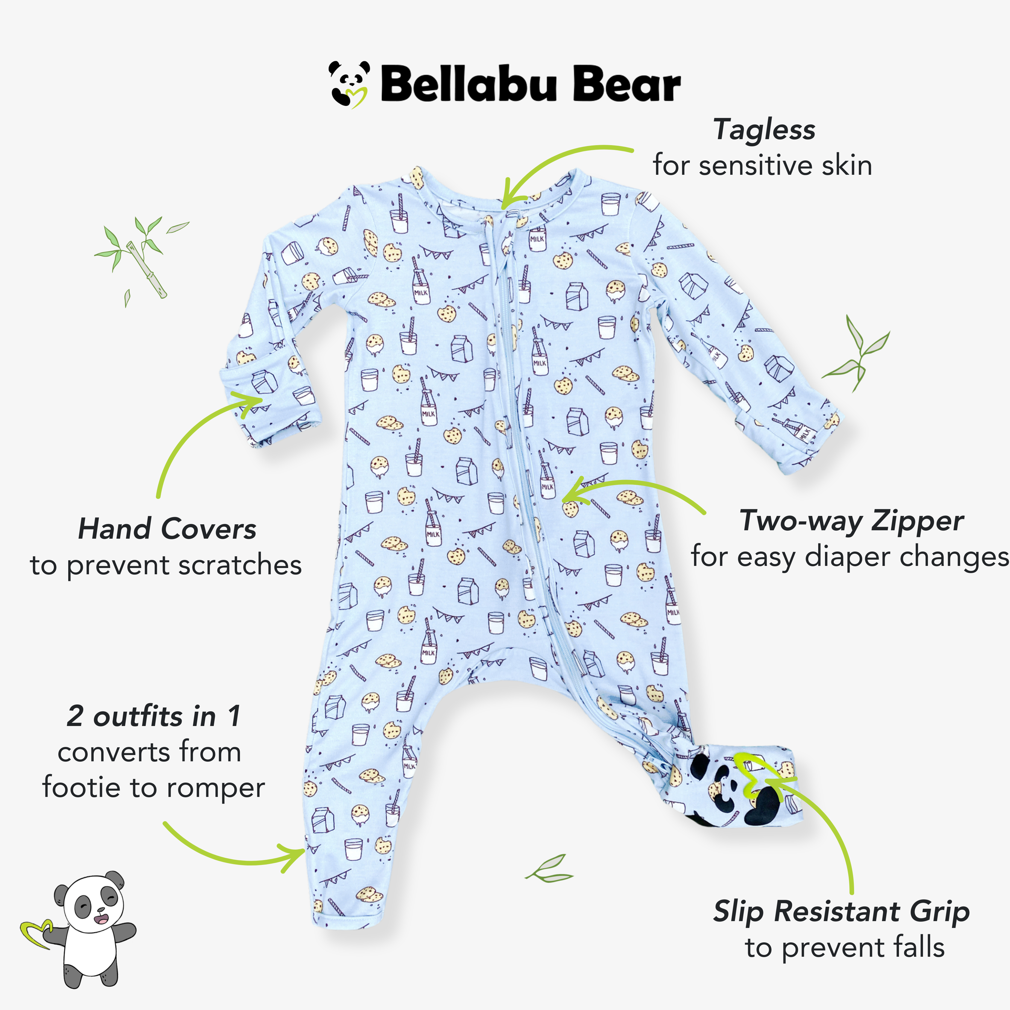 Milk And Cookies Blue Bamboo Convertible Footie