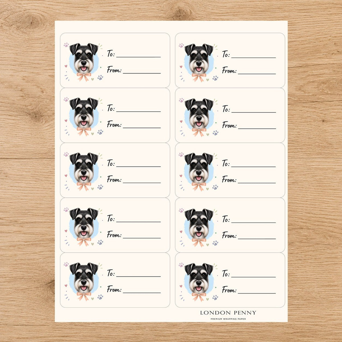 Miniature Schnauzer Paws & Bows Gift Tag Sticker Sheet
