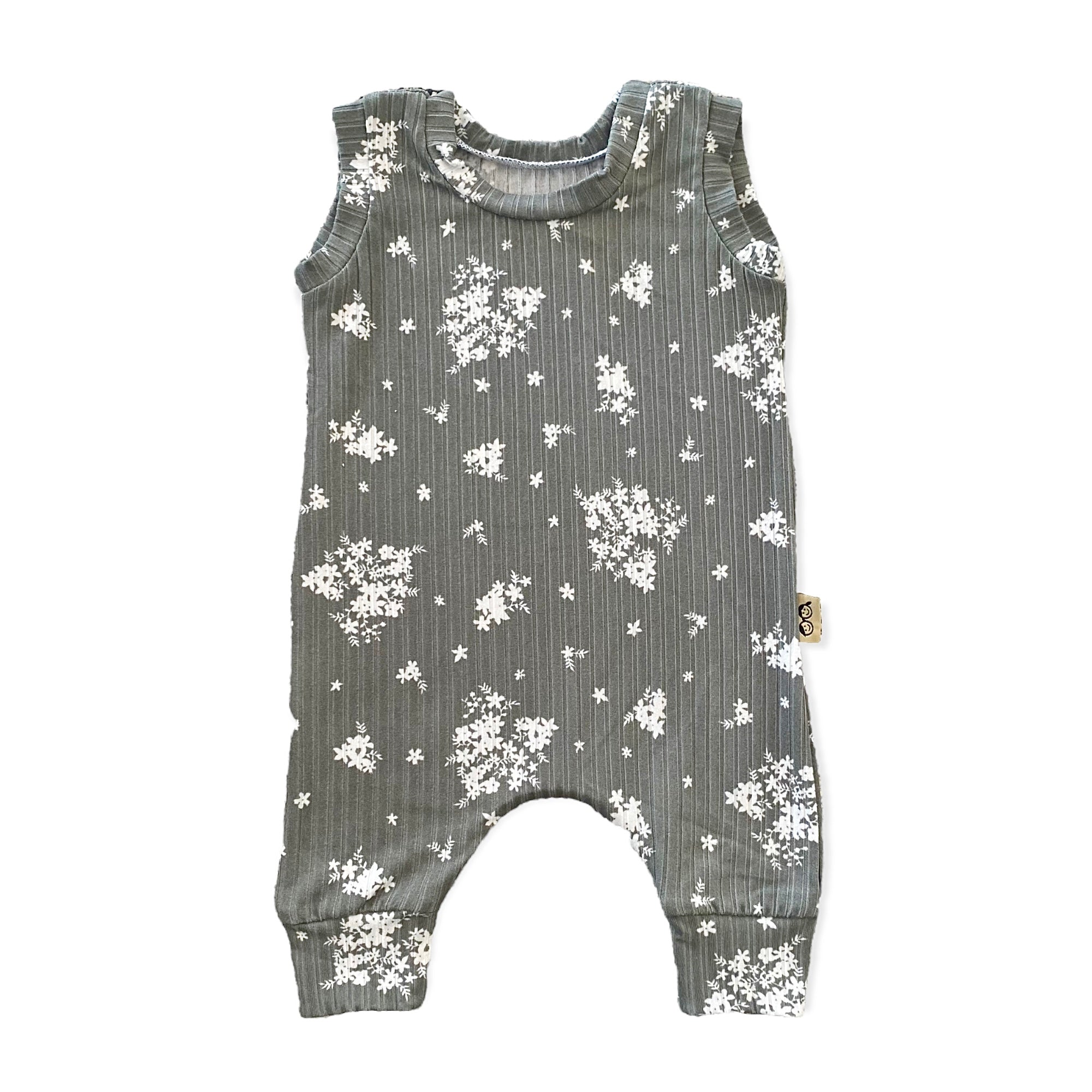 Minimal Floral Olive Ribbed Harem Romper