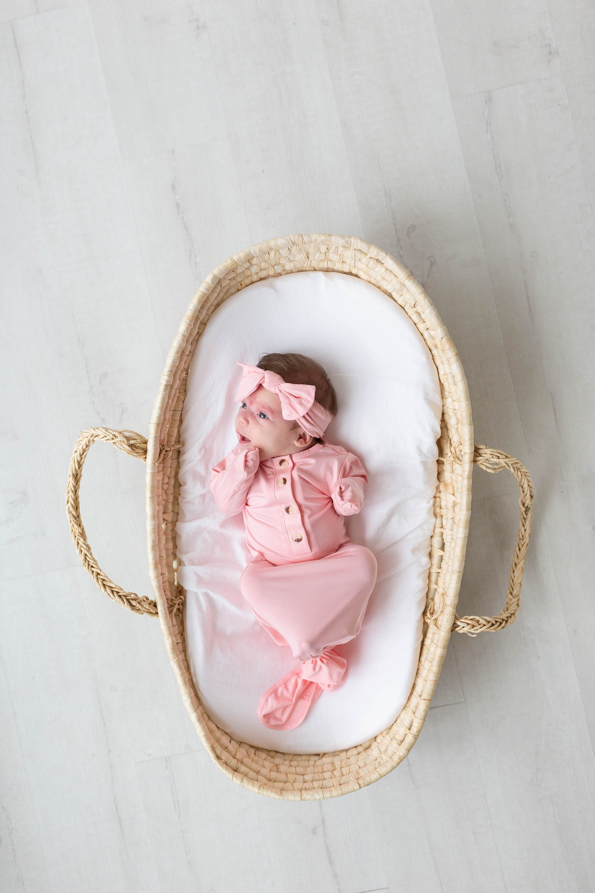 Knotted Baby Gown And Hat Set With Headband - Pink (newborn-3 Months)