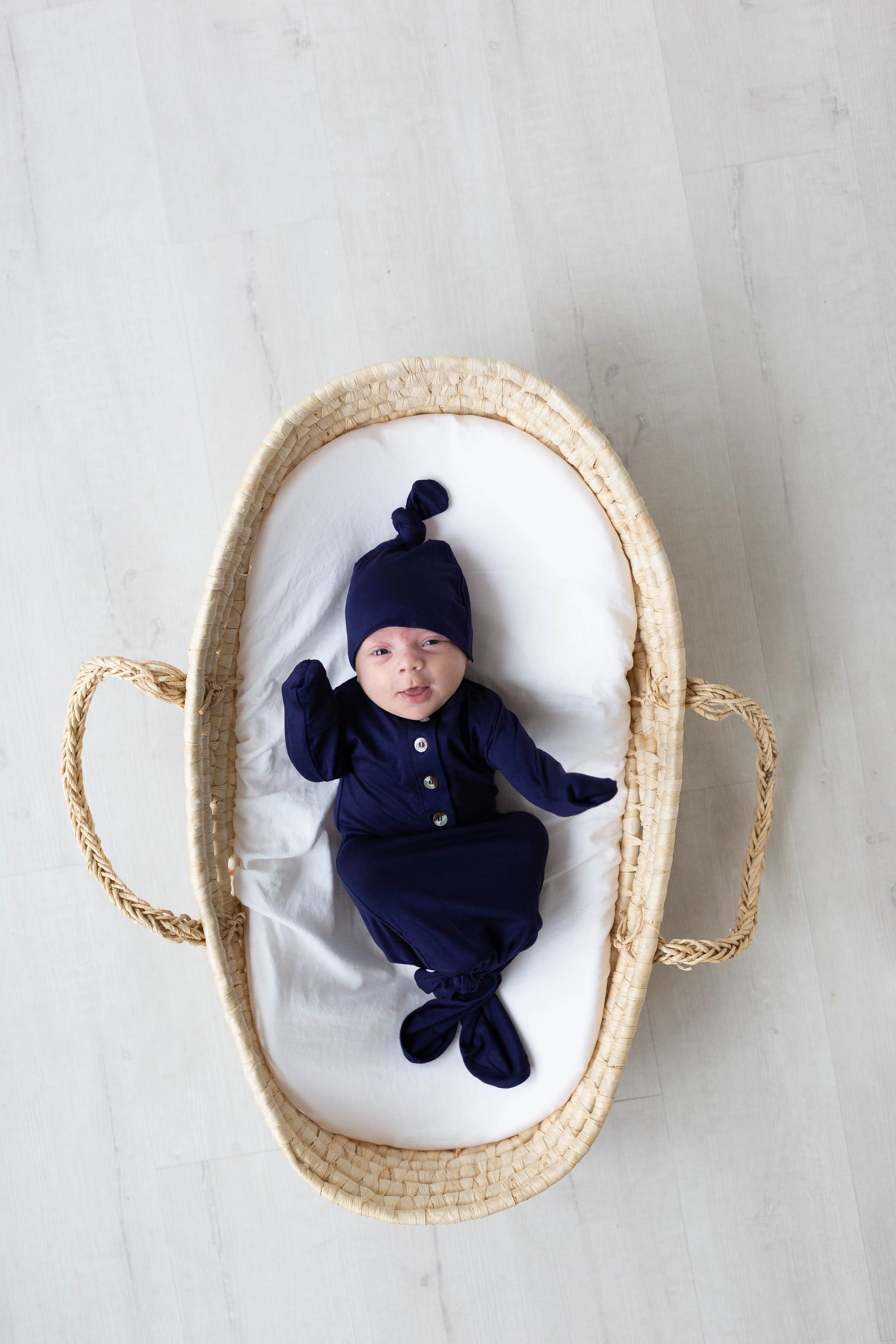 Knotted Baby Gown And Hat Set - Navy Blue (newborn-3 Months)