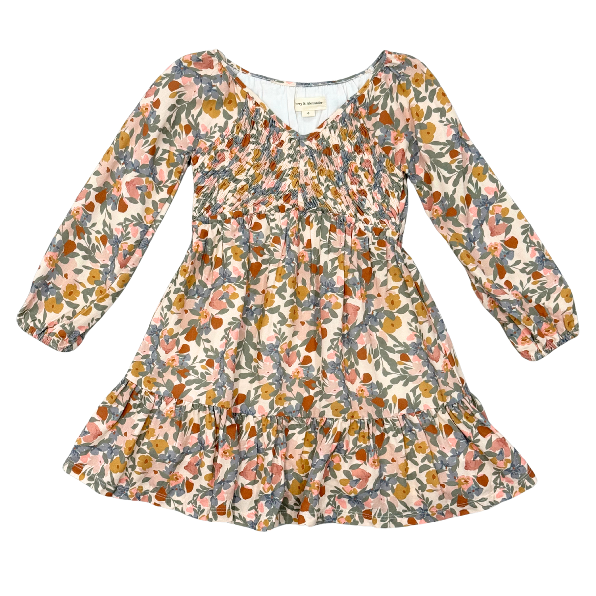 Girls Mitered Smocked Front Babydoll Dress In Mason Small Floral
