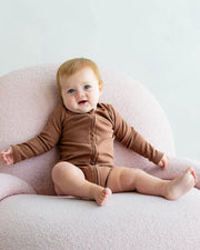 Long Sleeve Zipper Bodysuit In Mocha, 6-9m
