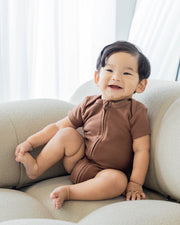 Short Sleeve Zipper Bodysuit In Mocha, 9-12m