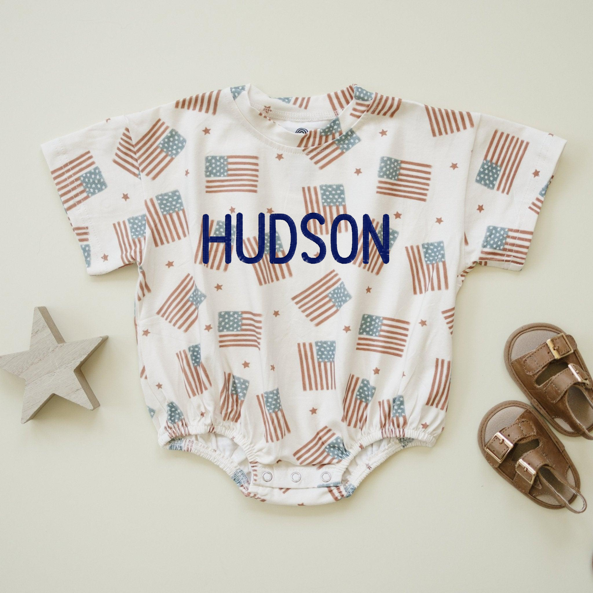 4th Of July Flag Print T-shirt Romper - Optional Custom Embroidery