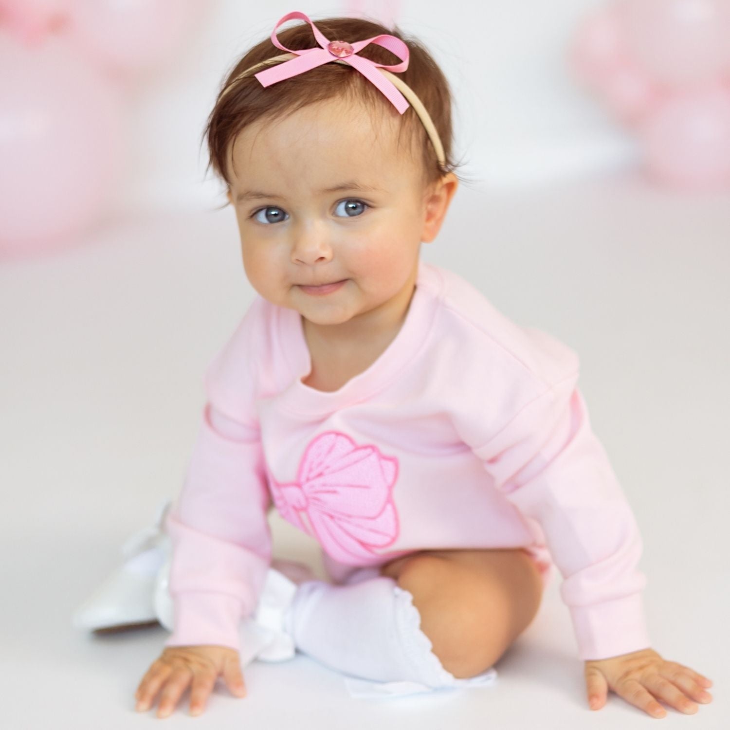 Pink Bow Sequin Patch Long Sleeve Romper