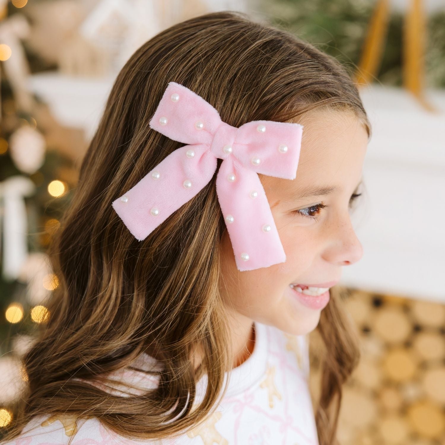 Pink Velvet Pearl Bow Clip