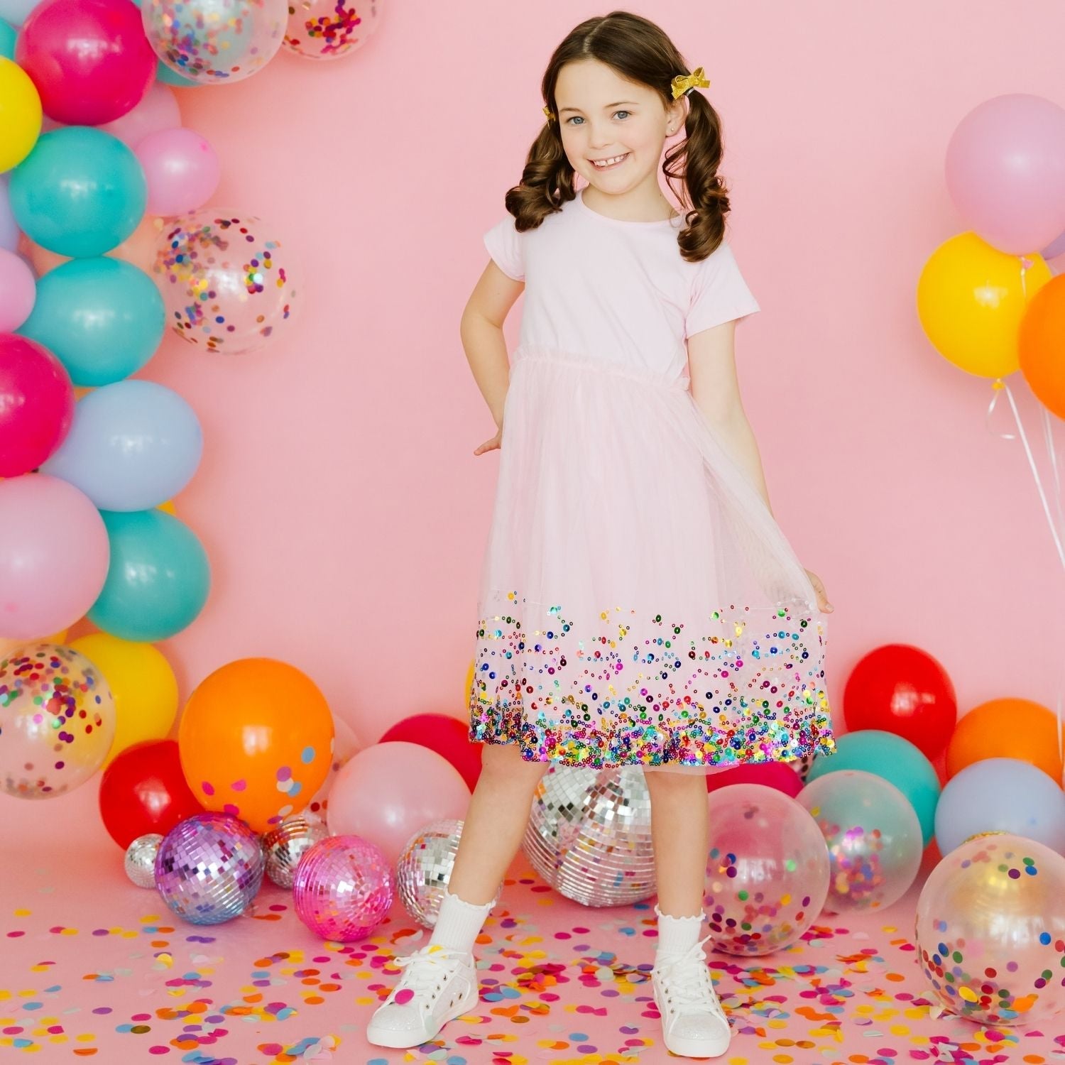 Pink Confetti Short Sleeve Tutu Dress