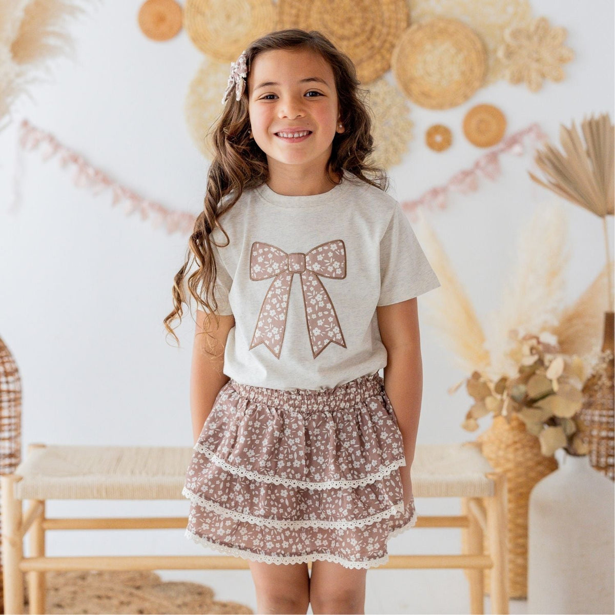 Mocha Floral Bow Patch Short Sleeve T-shirt