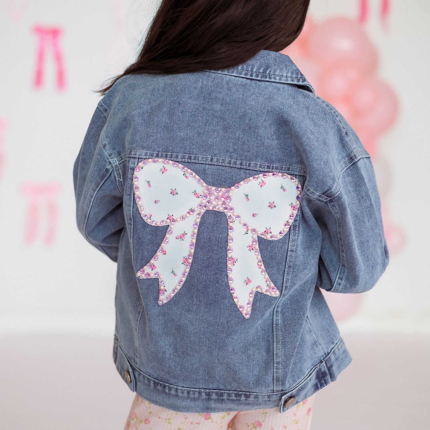Pearl And Gemstone Floral Bow Patch Denim Jacket