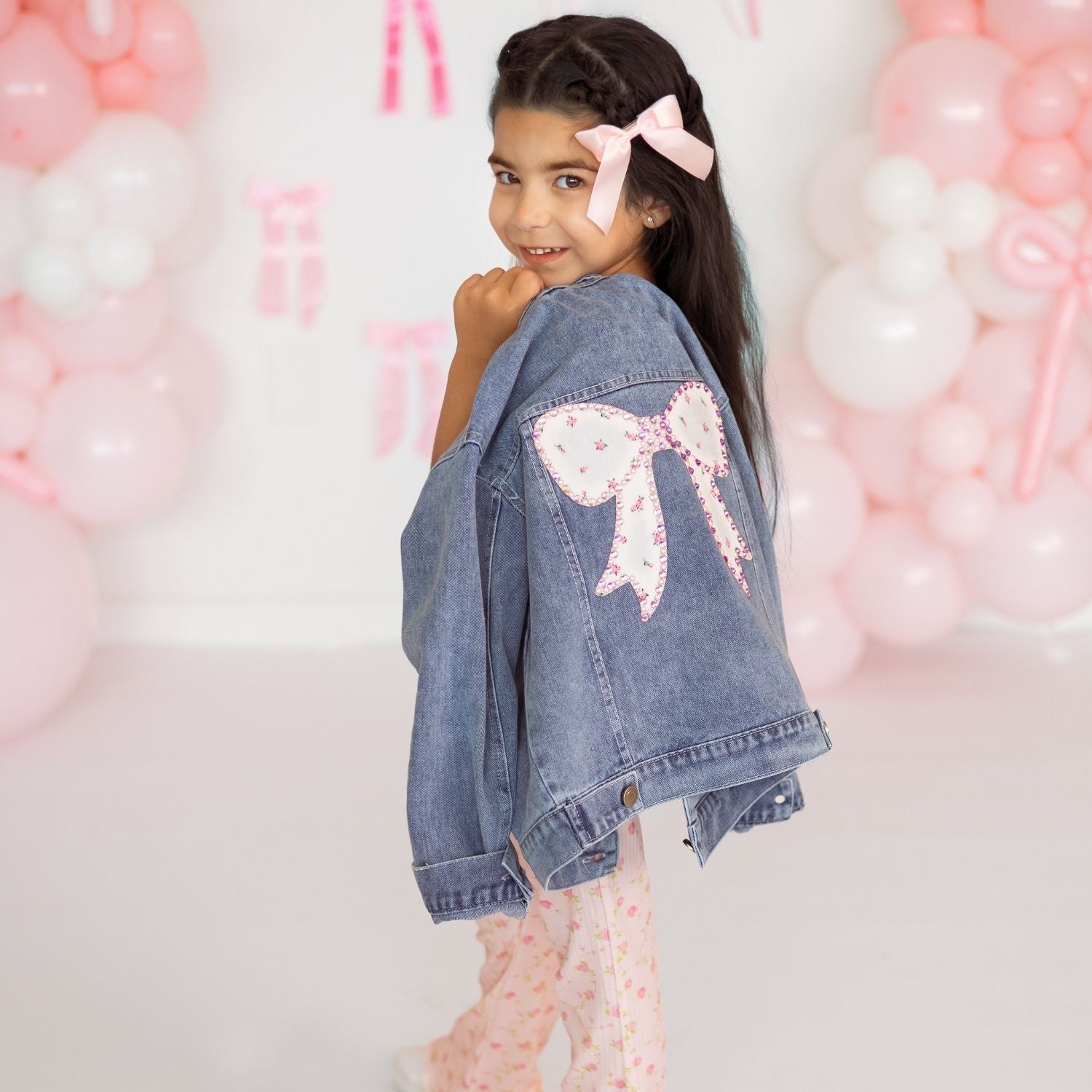 Pearl And Gemstone Floral Bow Patch Denim Jacket