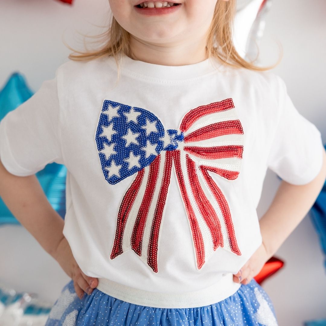 Patriotic Sequin Bow Patch Short Sleeve T-shirt