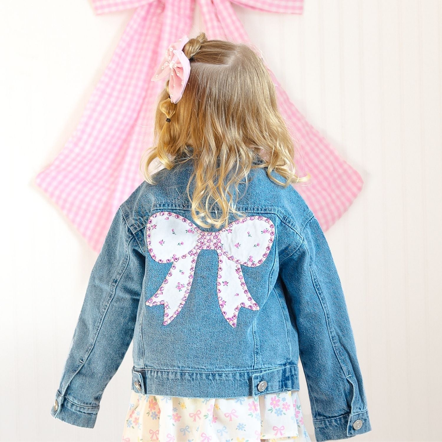 Pearl And Gemstone Floral Bow Patch Denim Jacket