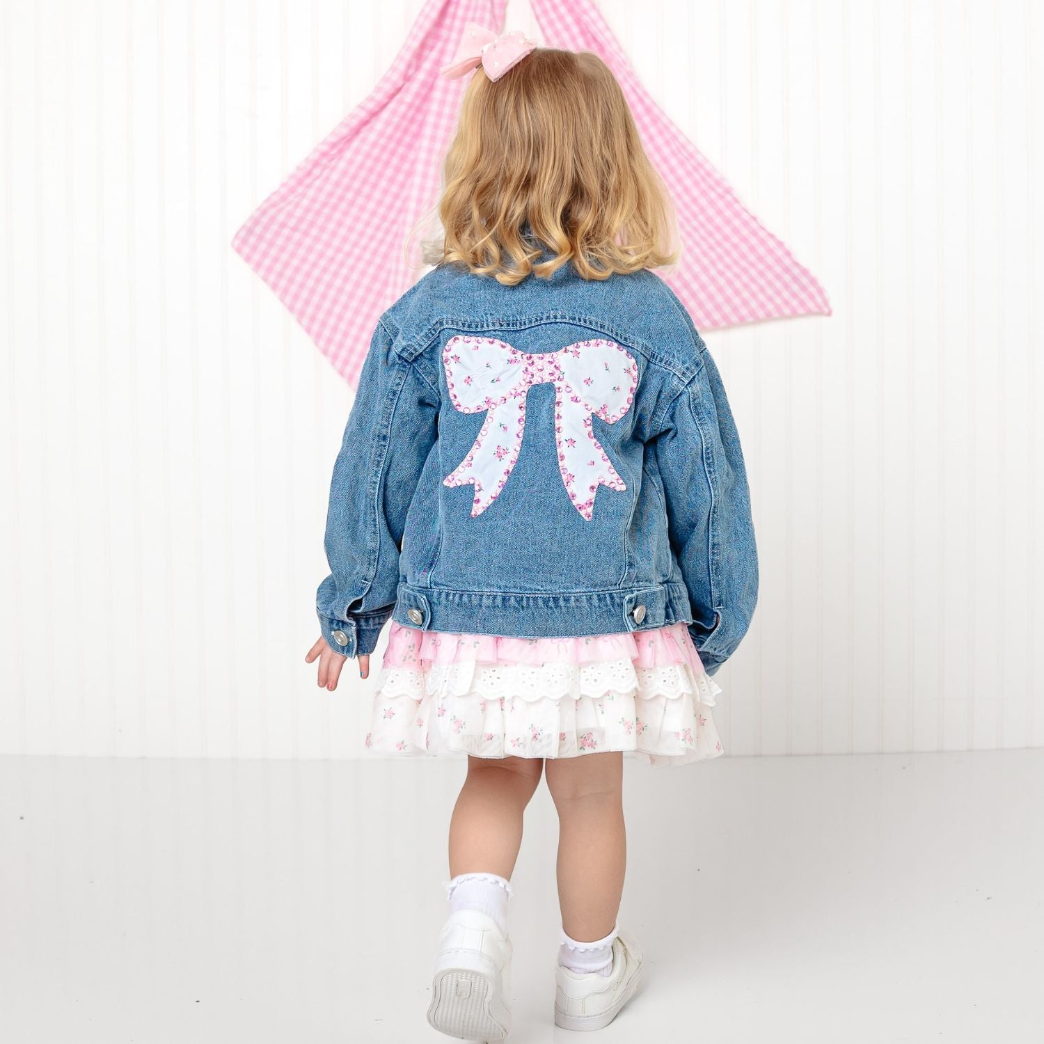 Pearl And Gemstone Floral Bow Patch Denim Jacket