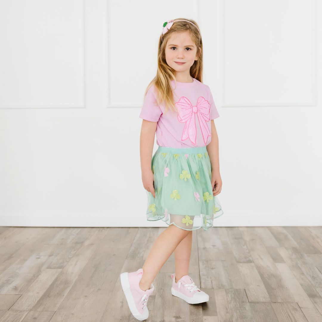 Pink Bow Sequin Patch Short Sleeve T-shirt
