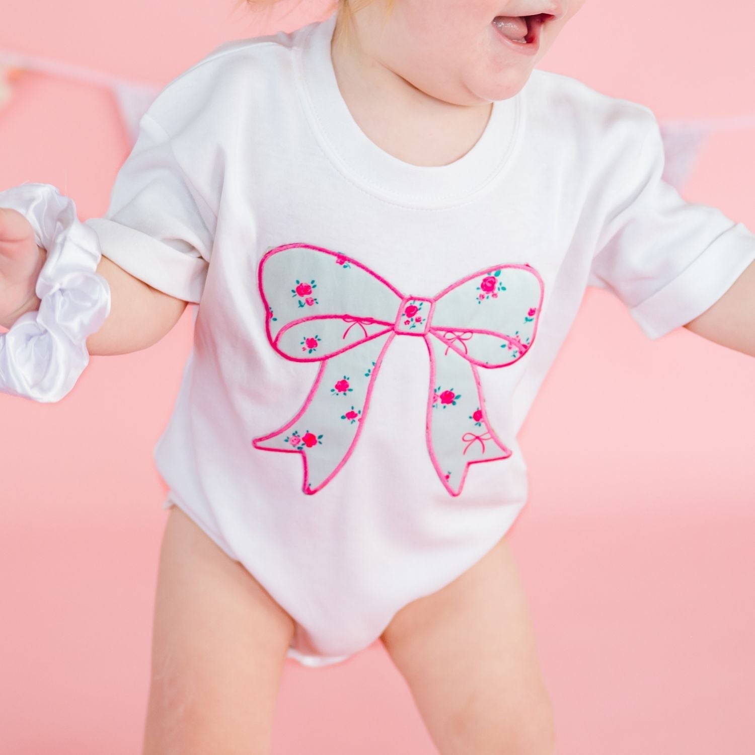 Sky Blue Floral Bow Patch Short Sleeve Romper